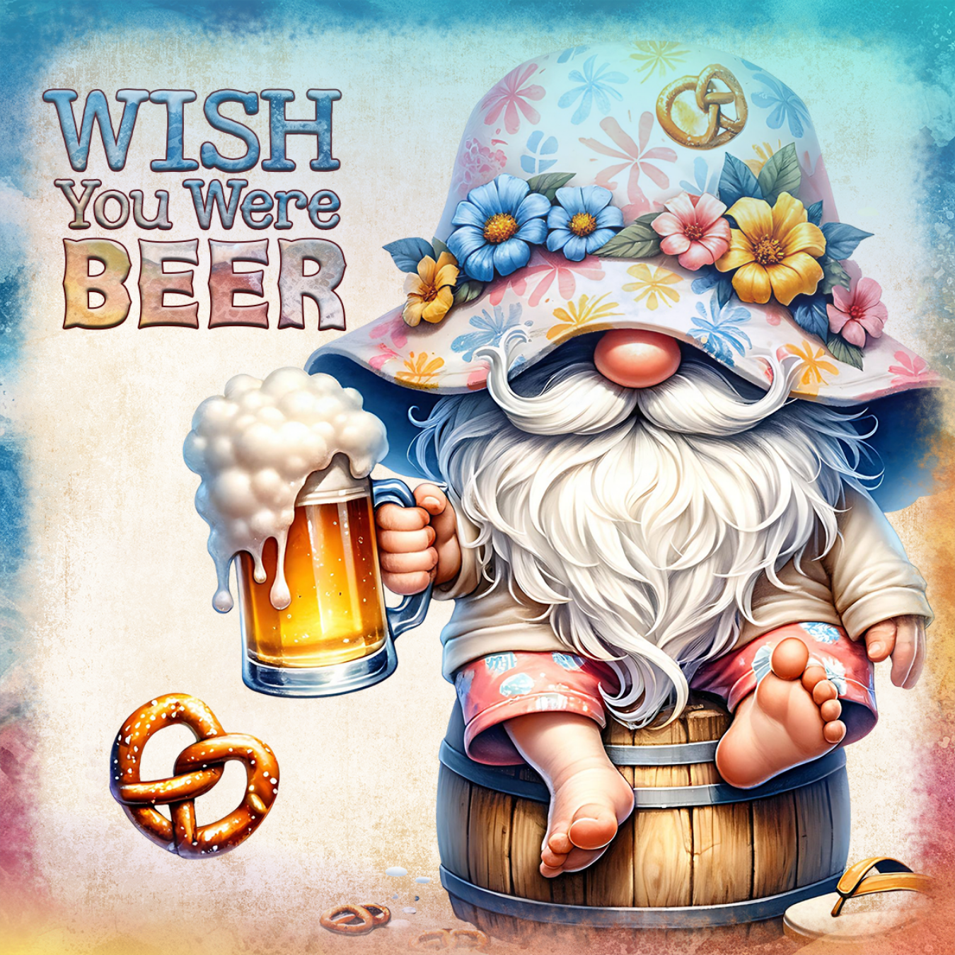 Gnome in floral hat holding beer and pretzel, "Wish You Were Beer" text.