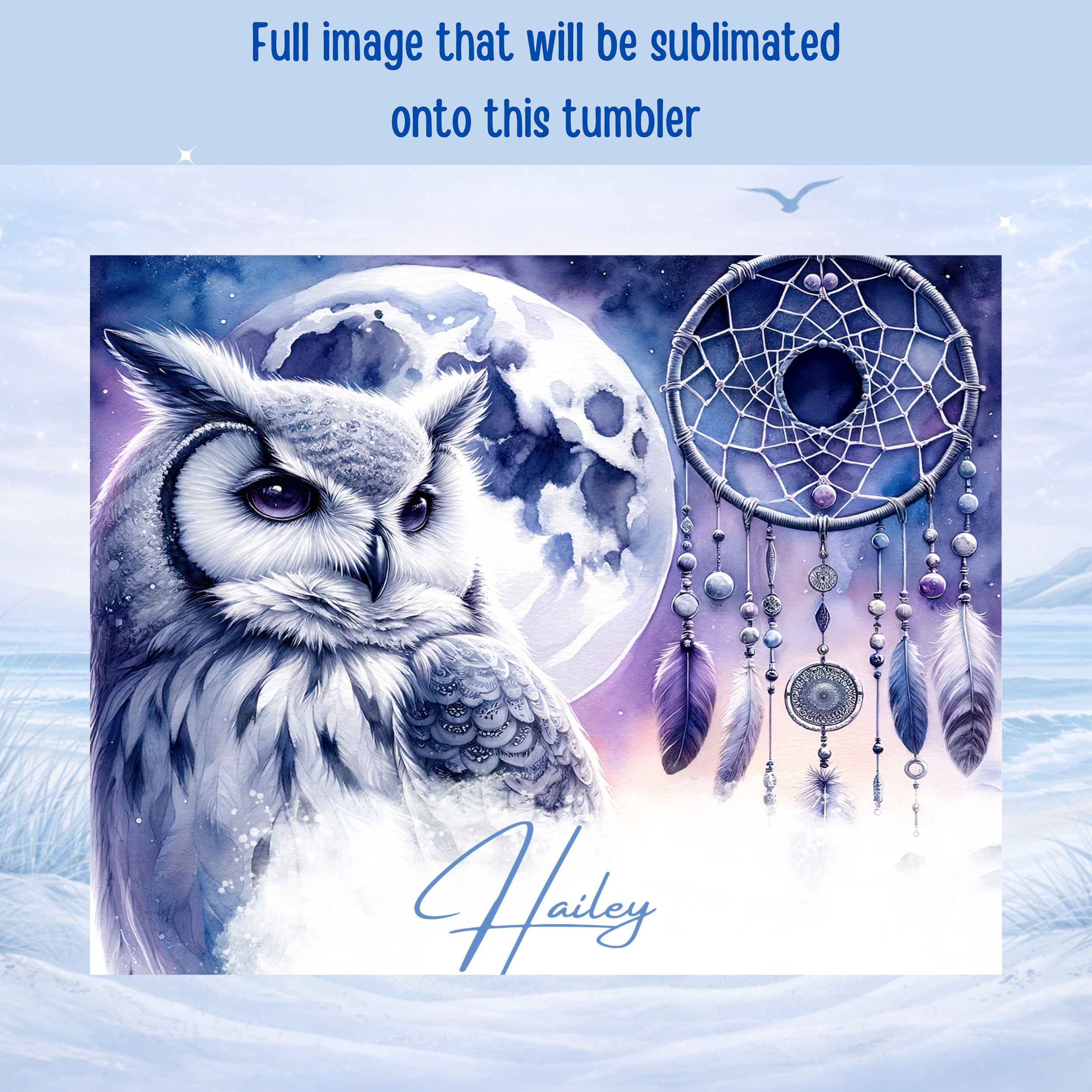 White owl with moon and dreamcatcher, personalized with "Hailey".