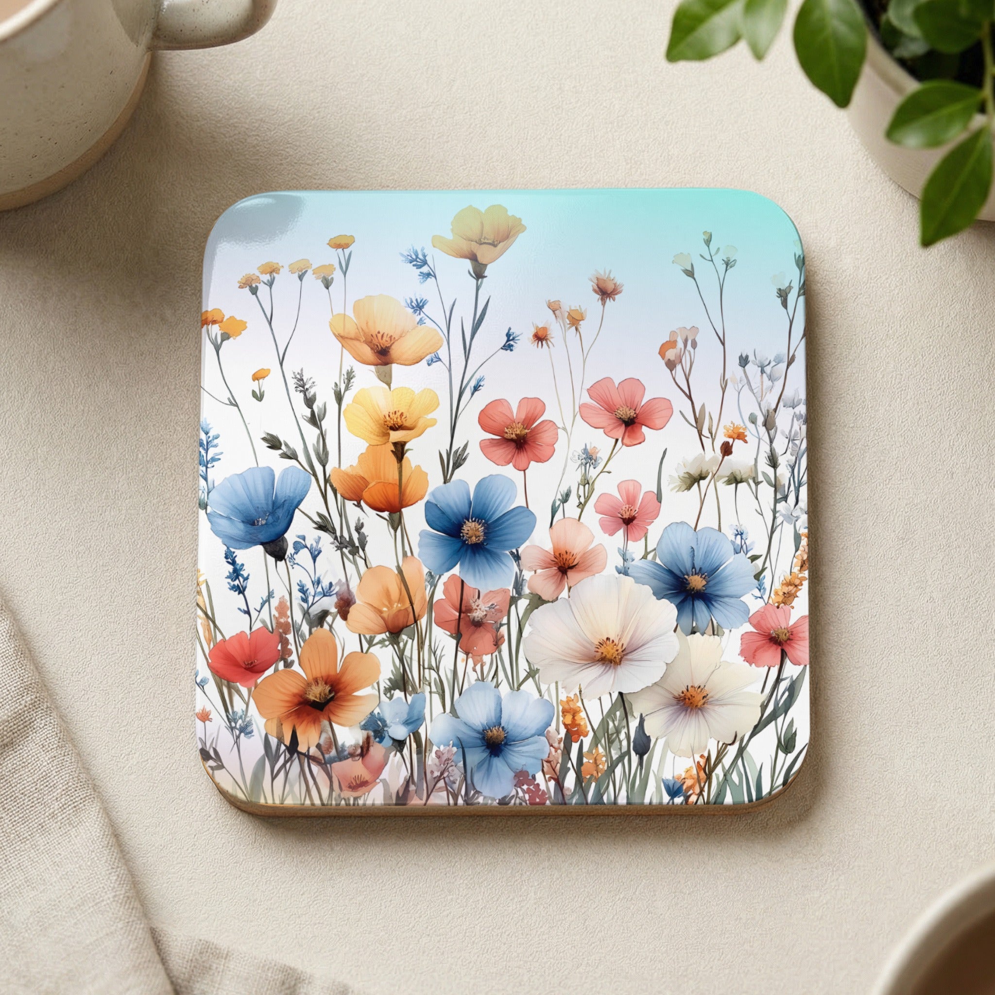 Floral coaster with a colorful meadow scene and a light blue sky gradient.
