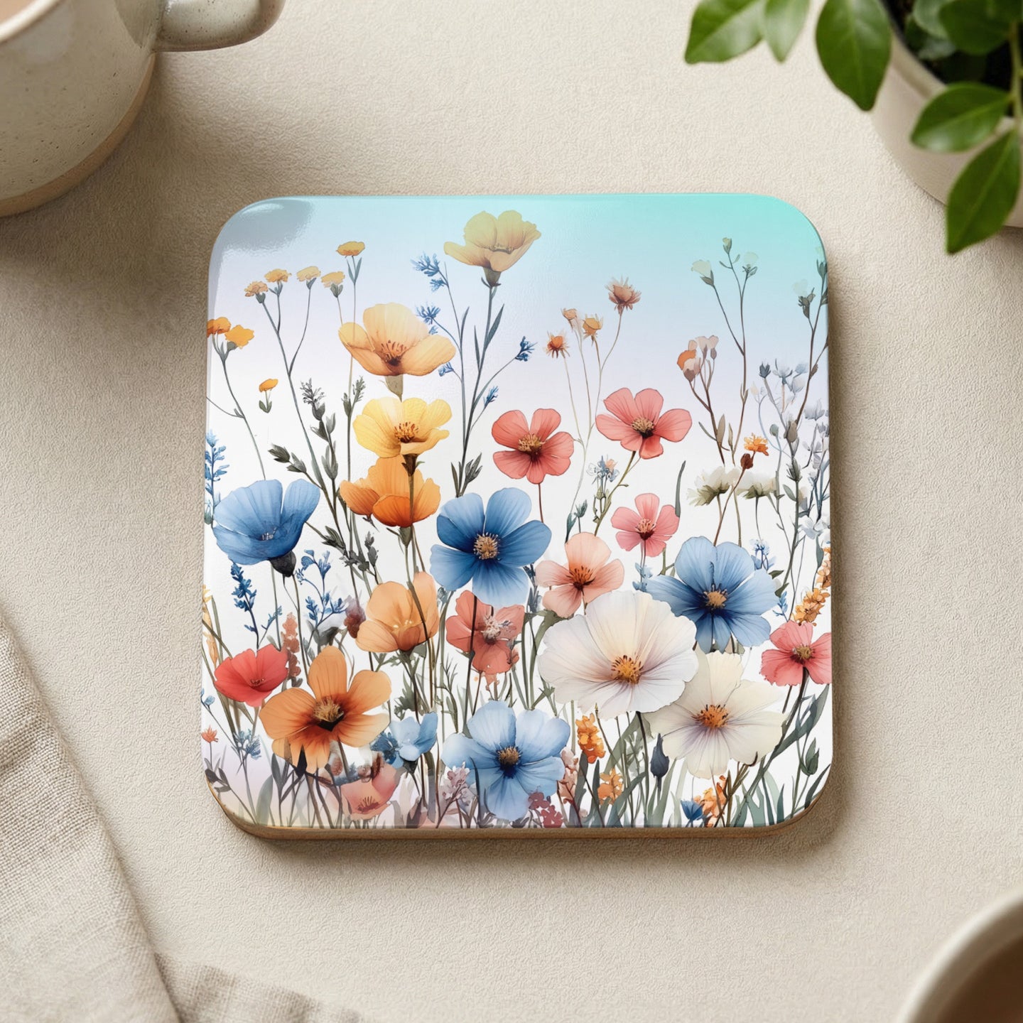 Floral coaster with a colorful meadow scene and a light blue sky gradient.