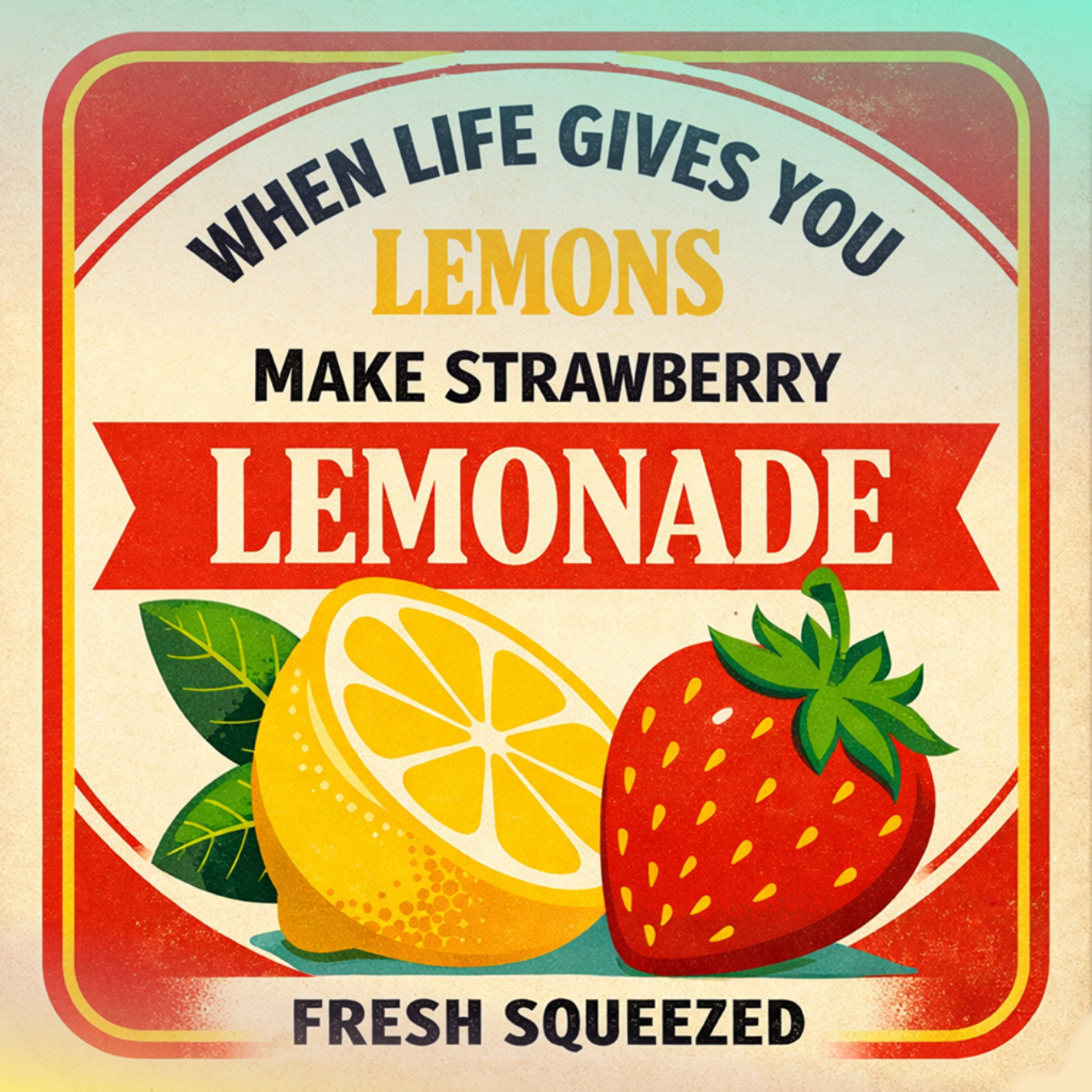 Lemon and strawberry with text "When life gives you lemons, make strawberry lemonade."