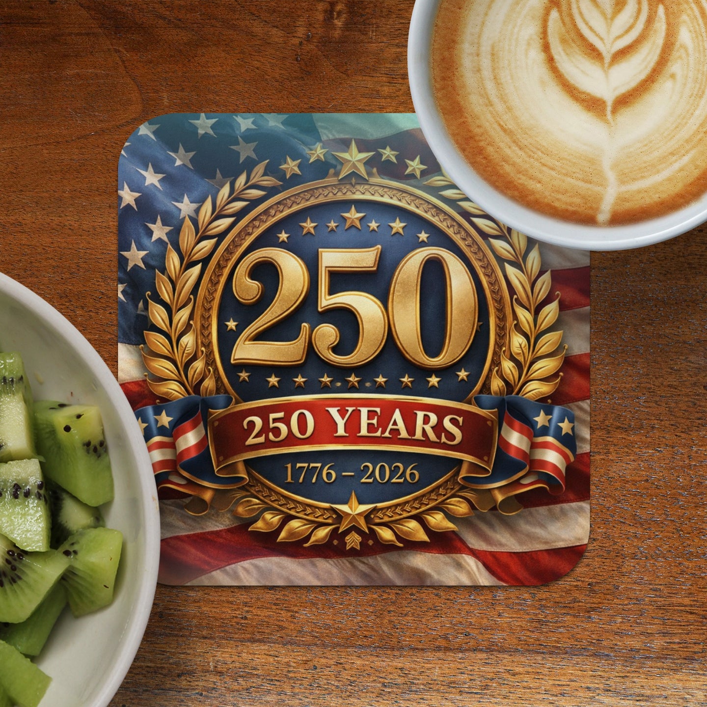 Coaster with "250 YEARS 1776-2026" on US flag background.