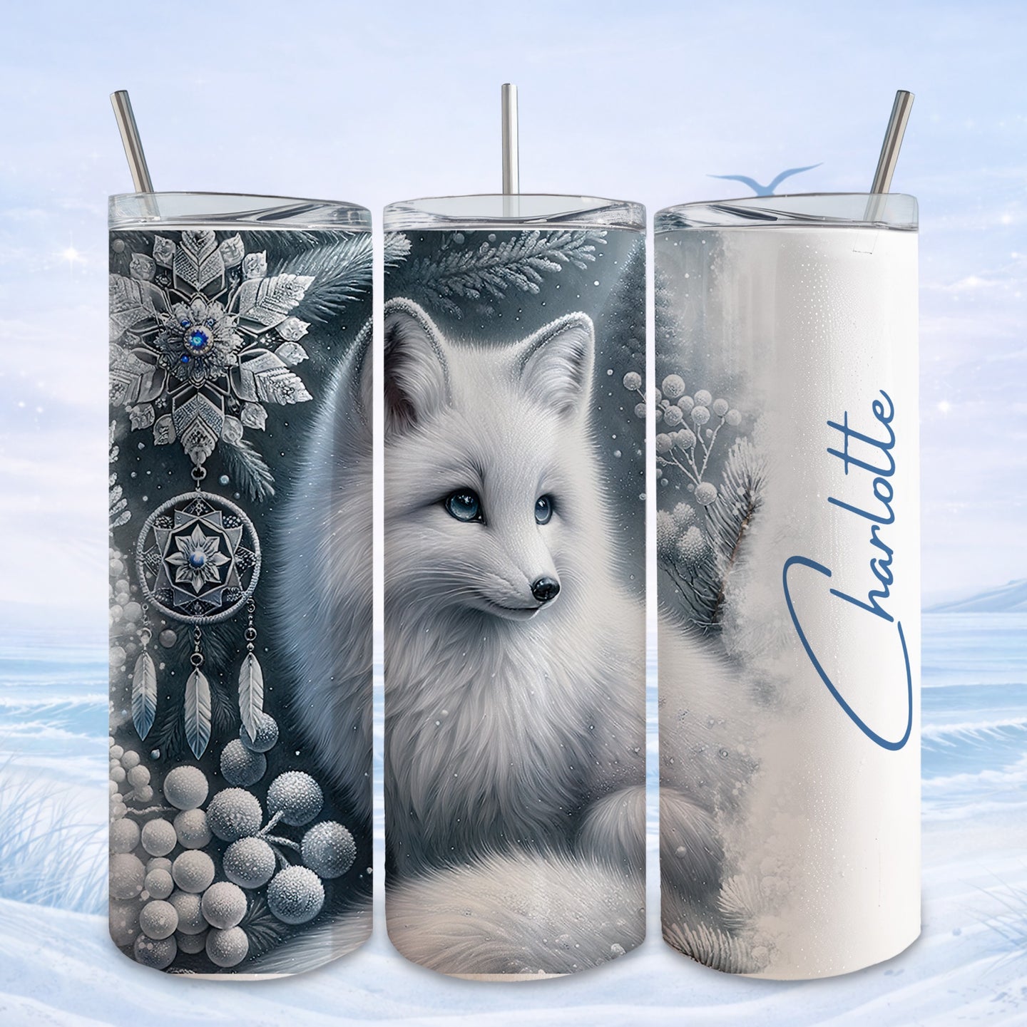 Arctic fox on a snowy background with snowflake and dreamcatcher design.