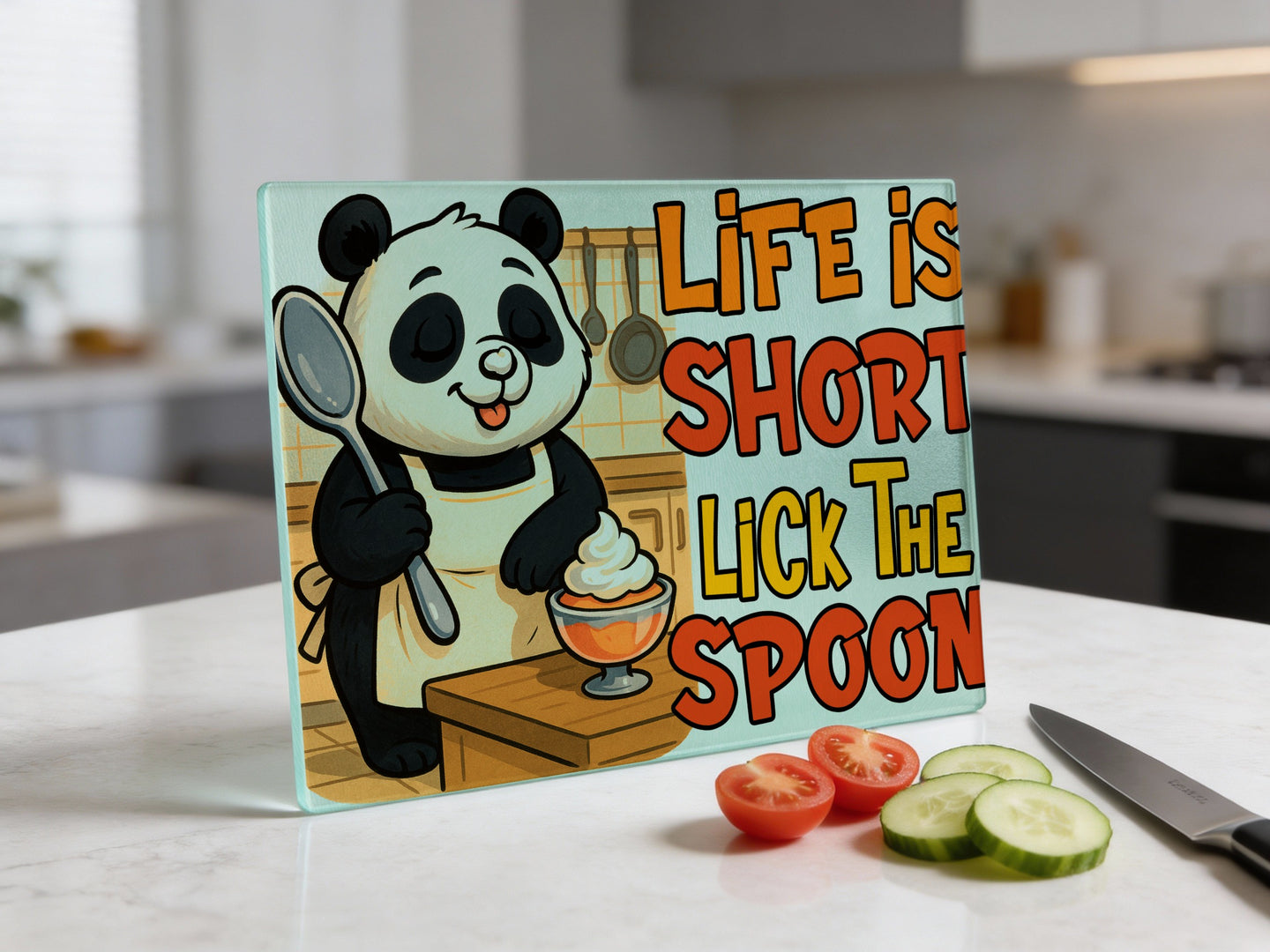 Panda chef holding spoon with dessert, "Life is short lick the spoon" text.