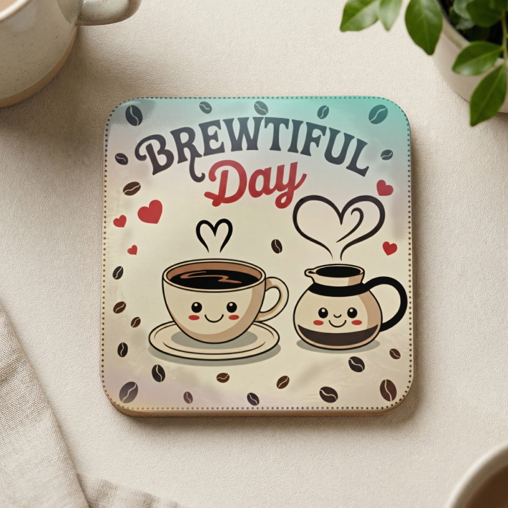 Coffee cup and pot with "Brewtiful Day" text and hearts.