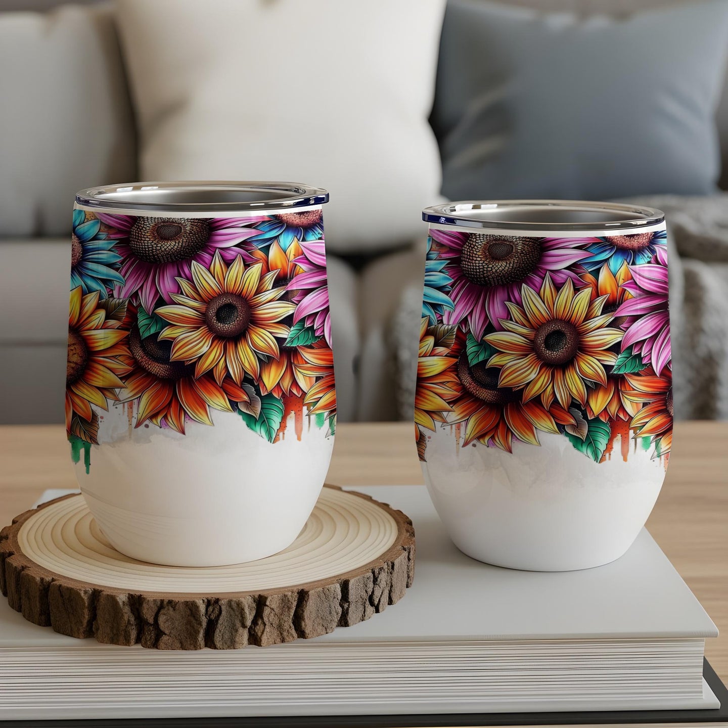 Two white stemless wine tumblers featuring a colorful sunflower floral design.