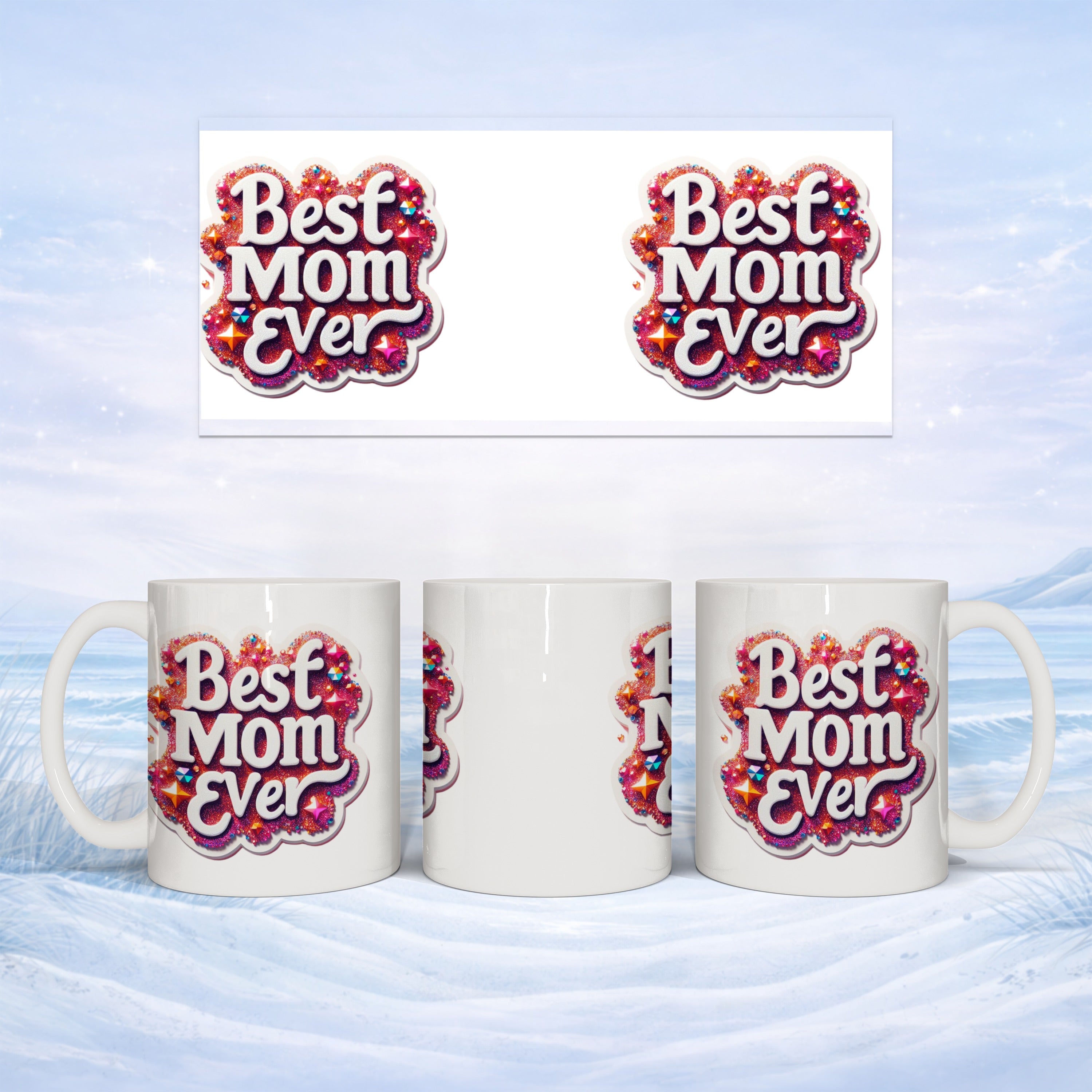 White mug with "Best Mom Ever" text and sparkly design, displayed front and side.
