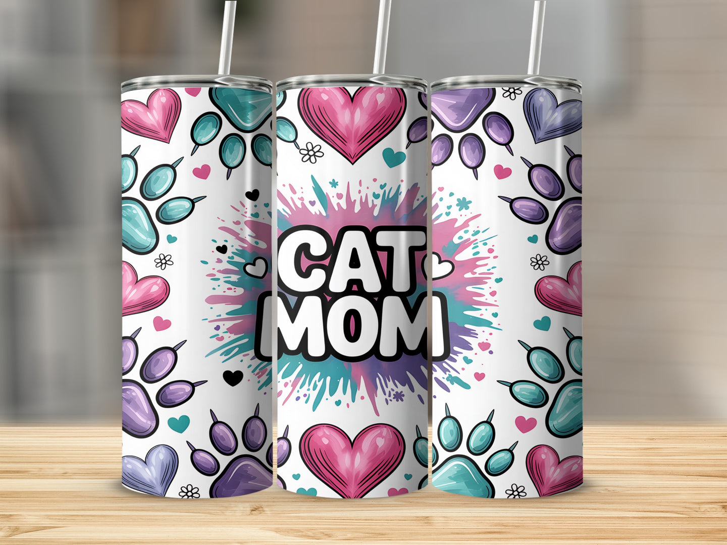 Three tumblers with "Cat Mom" text, paw prints, and hearts.