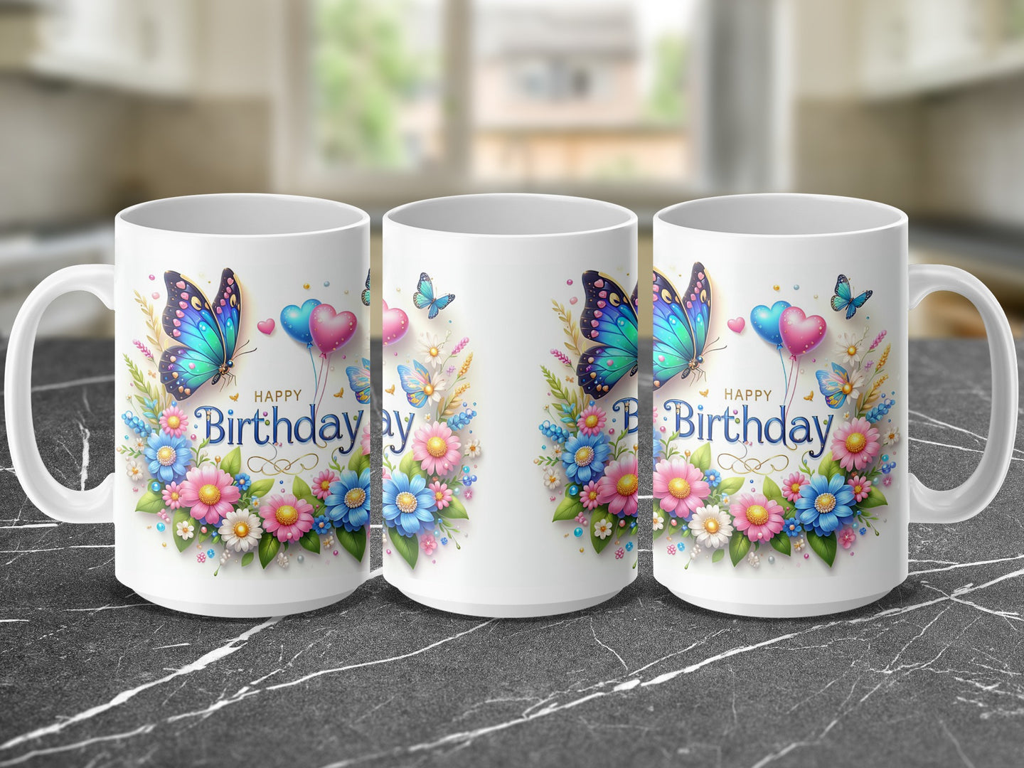 White ceramic mugs with "Happy Birthday" and floral butterfly design.