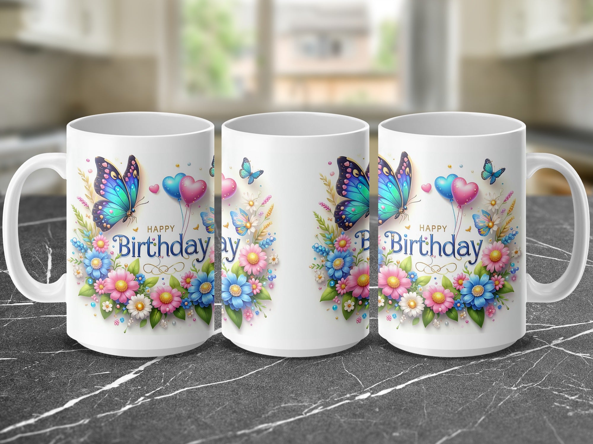 White ceramic mugs with "Happy Birthday" and floral butterfly design.