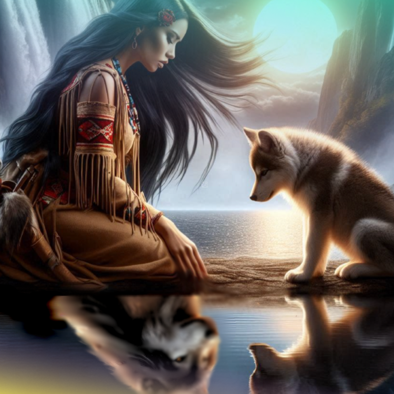 Native American woman with wolf pup by waterfall with reflection.