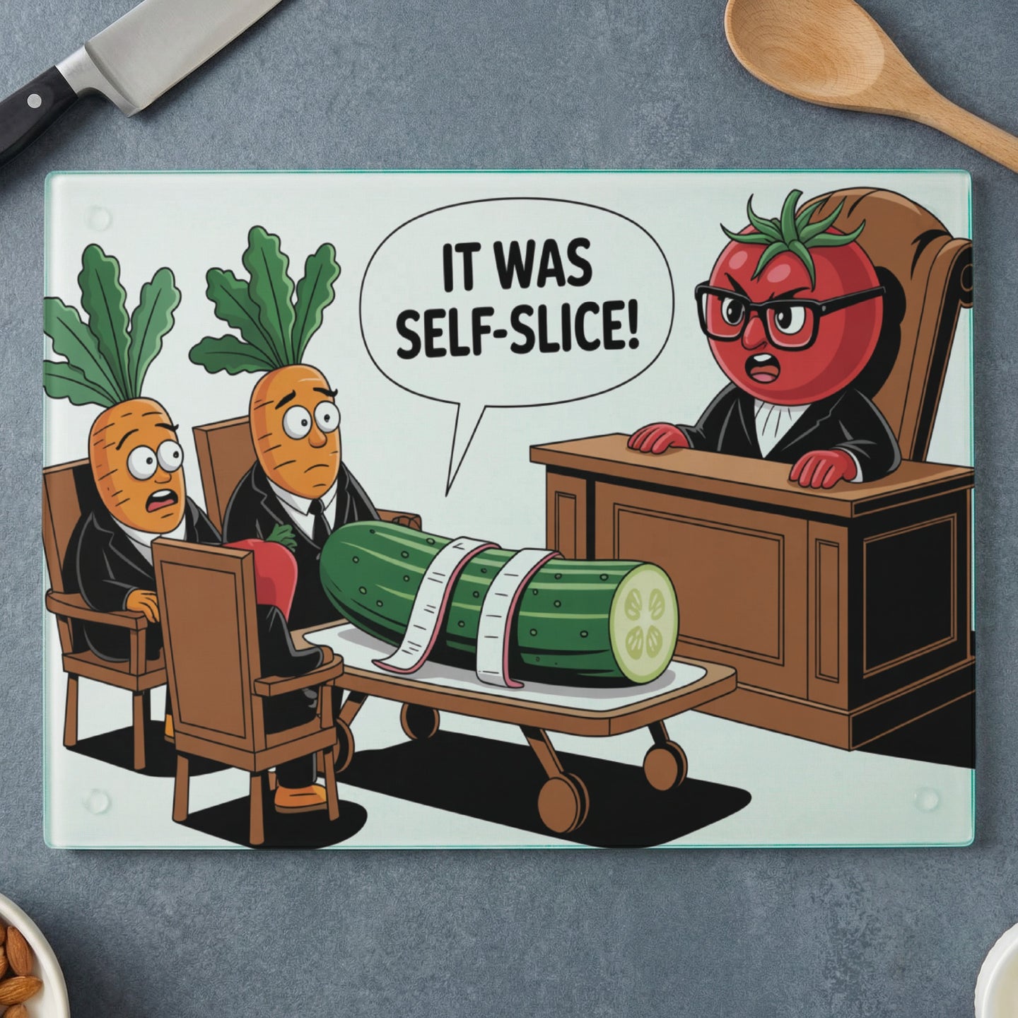 Carrots in court watch a cucumber on a gurney, tomato judge declares "It was self-slice!"