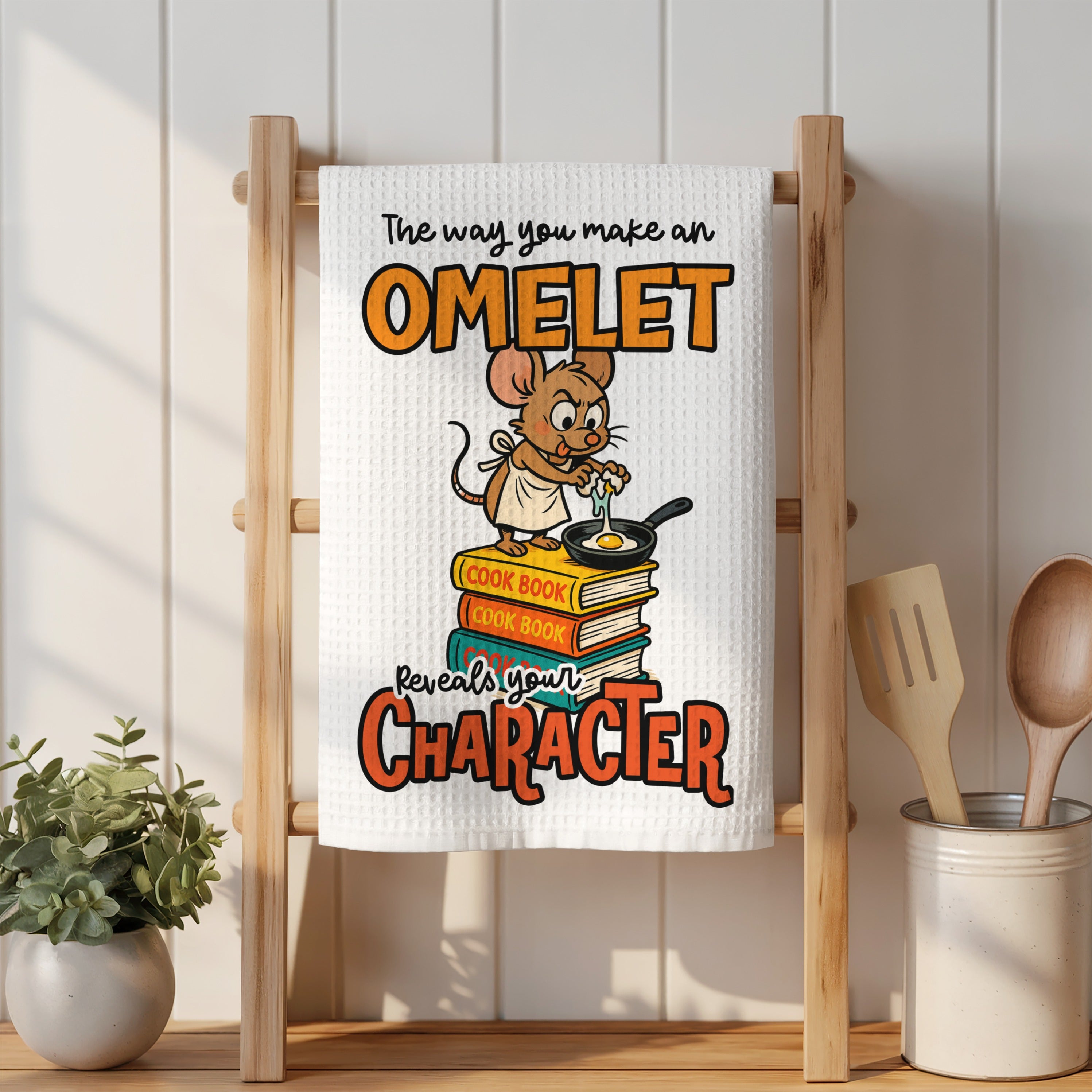 "The way you make an omelet reveals your character" with cartoon mouse cooking on books.