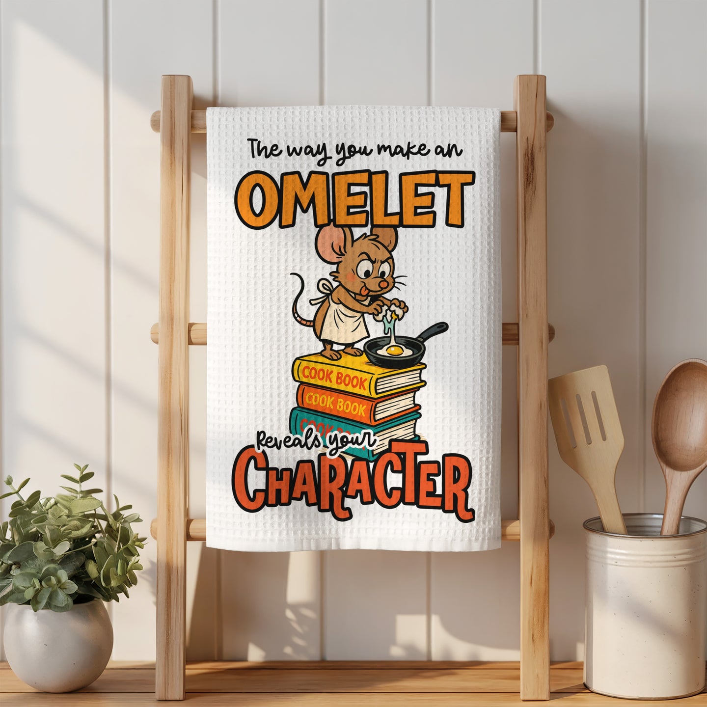 "The way you make an omelet reveals your character" with cartoon mouse cooking on books.