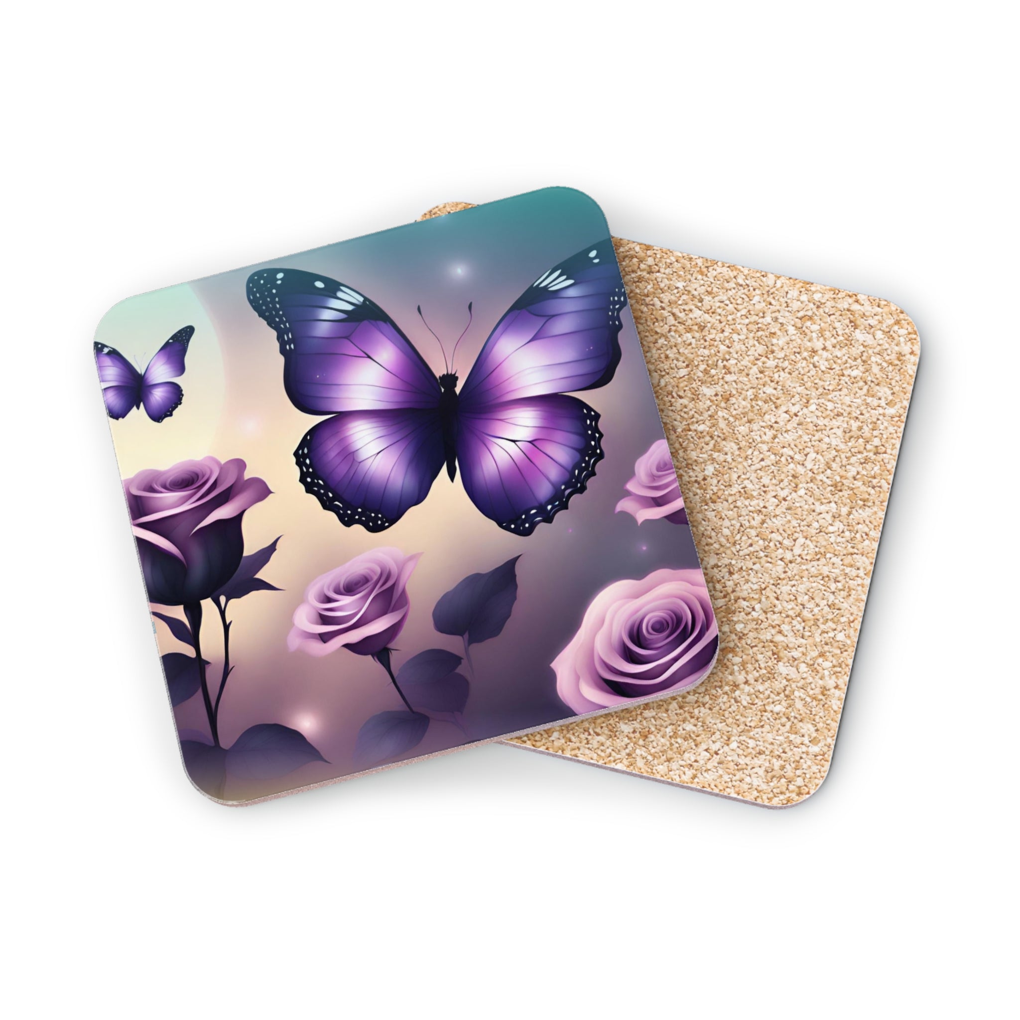 Purple butterfly and roses on two coasters.