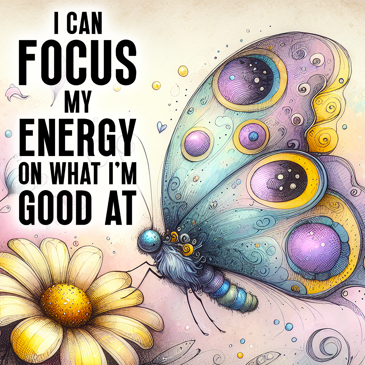 Large colorful butterfly rests on a daisy with text "I CAN FOCUS MY ENERGY ON WHAT I'M GOOD AT".