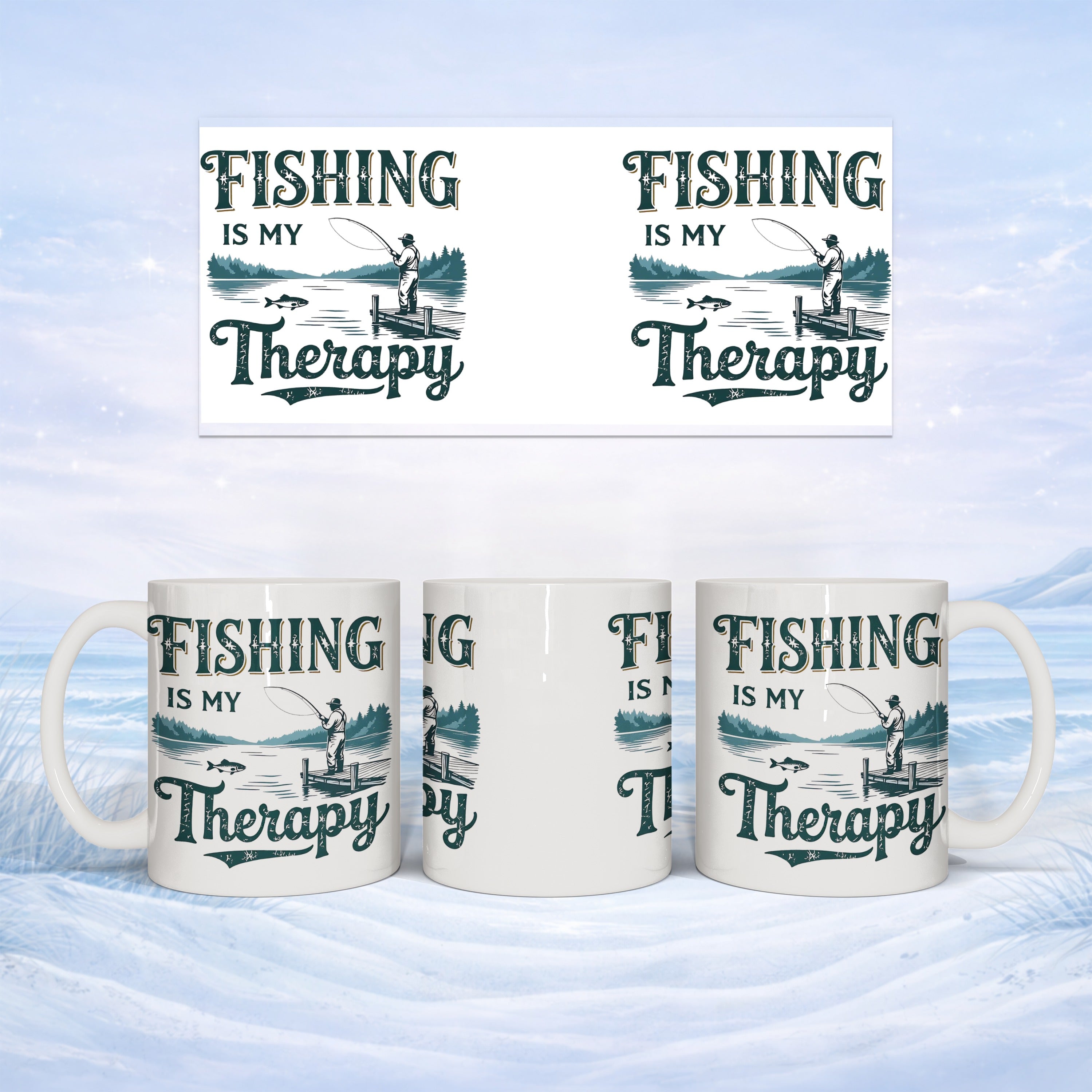 Mug with "FISHING IS MY THERAPY" text and fisherman graphic.