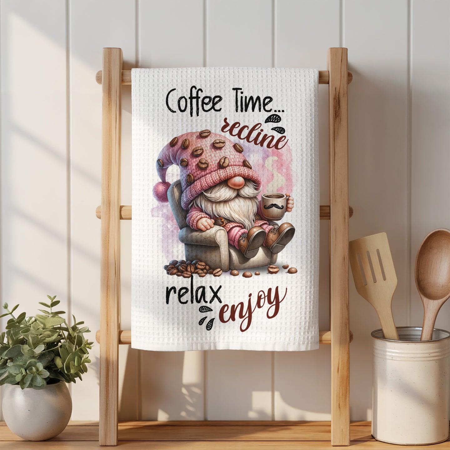 Gnome in chair with coffee cup and text "Coffee Time...recline, relax, enjoy".