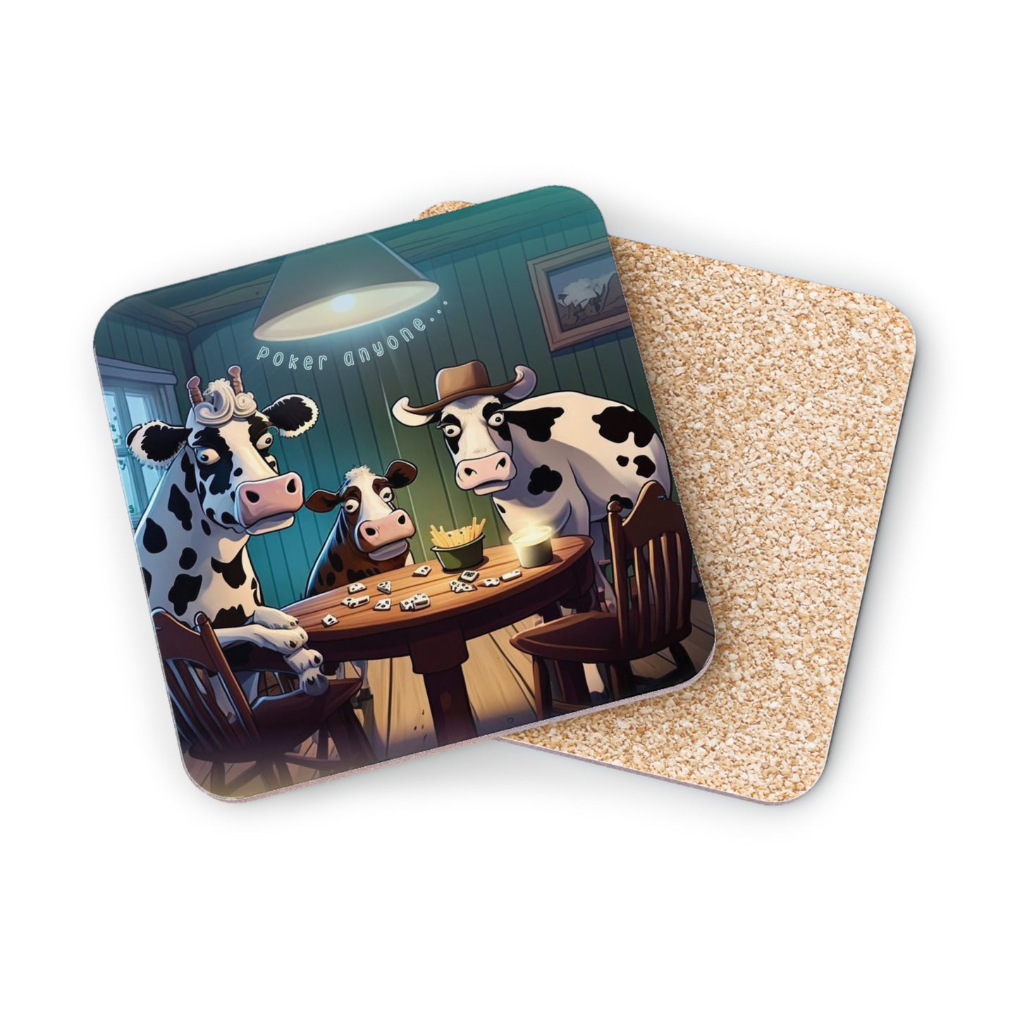Cows playing poker at a table with "Poker anyone." text.