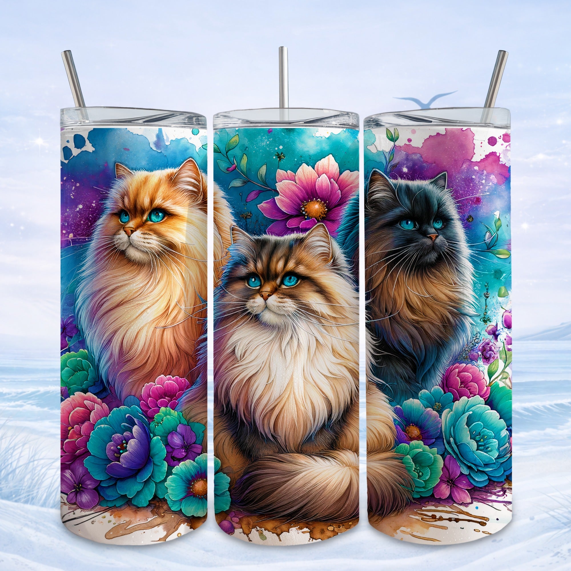 Three fluffy cats in colorful floral art, one orange, one brown, one black.