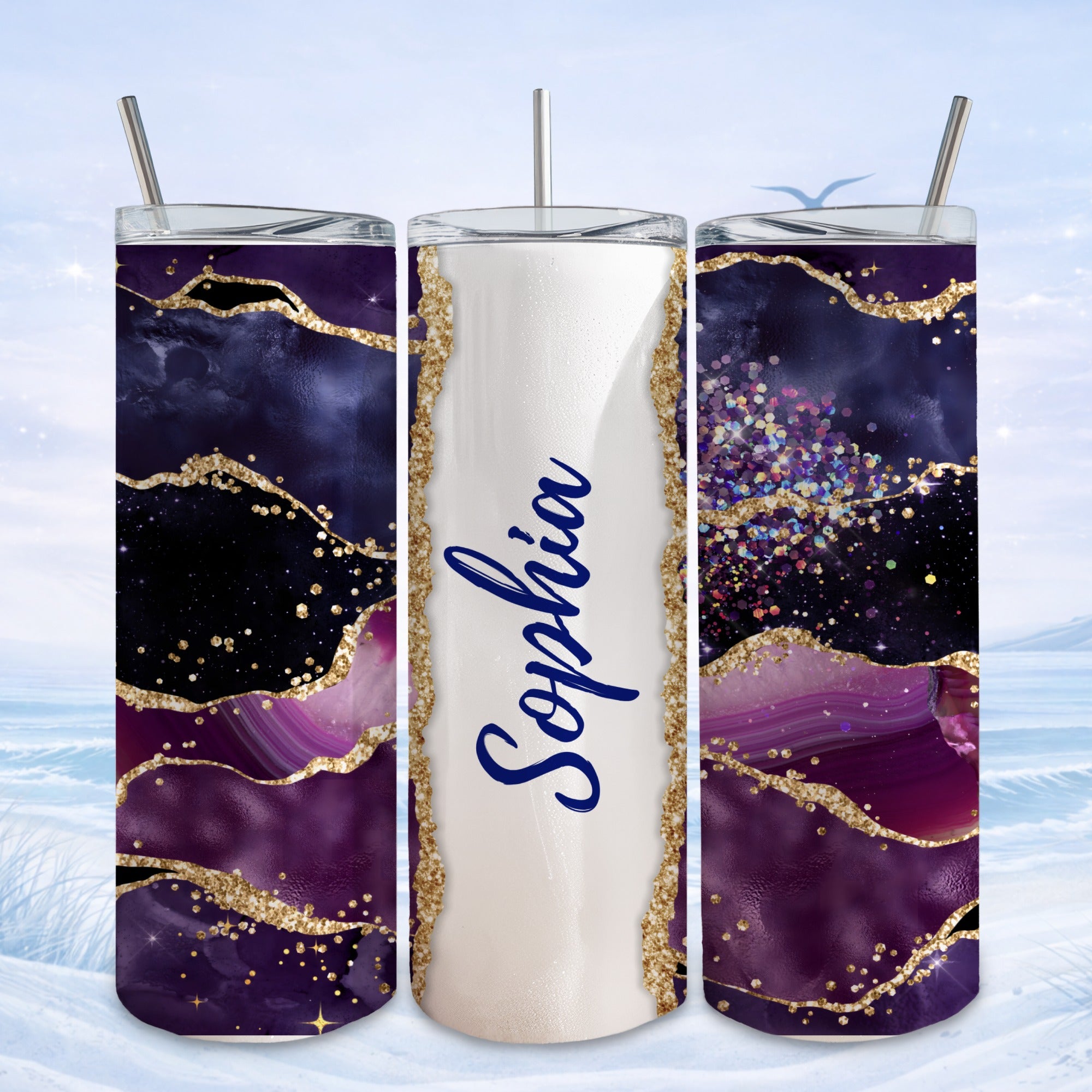 Purple and gold agate tumbler with "Sophia" written in script.