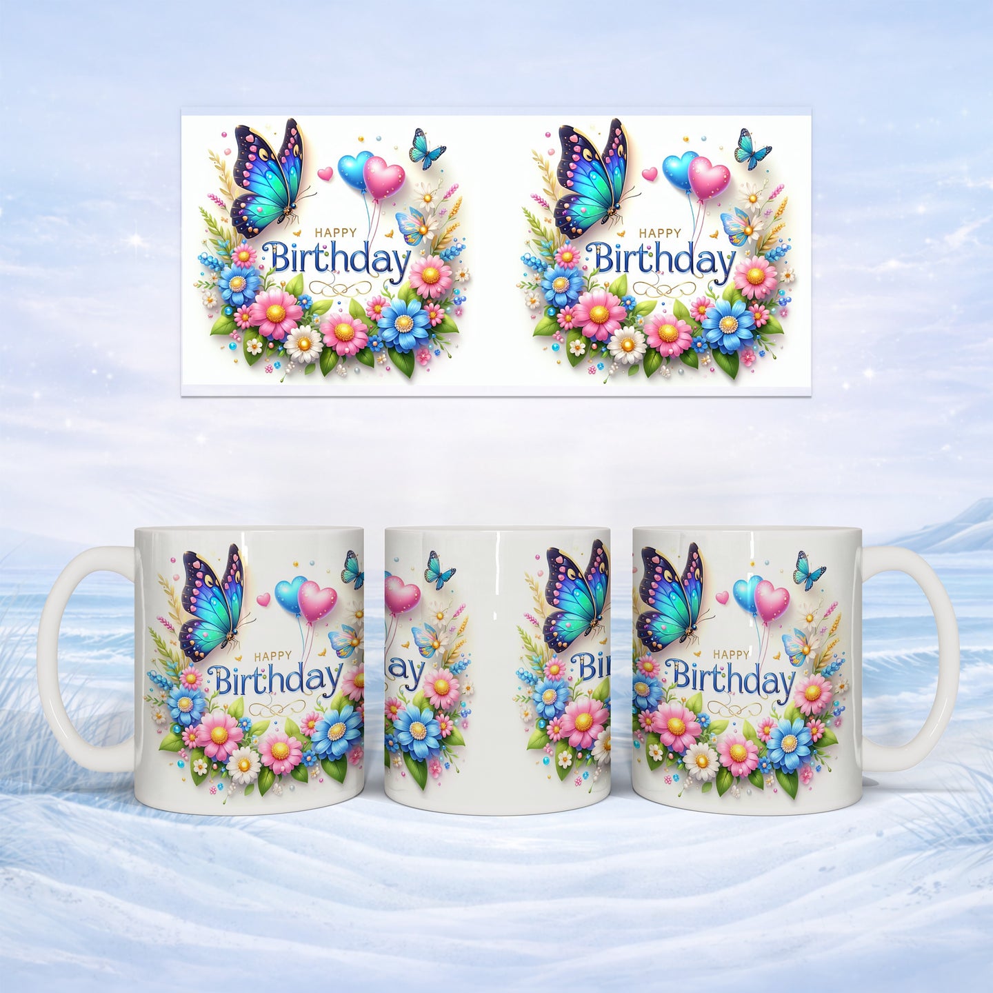 Happy Birthday mug with butterflies, balloons, and floral decorations.