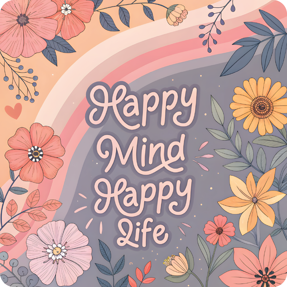 Floral illustration with text "Happy Mind Happy Life".