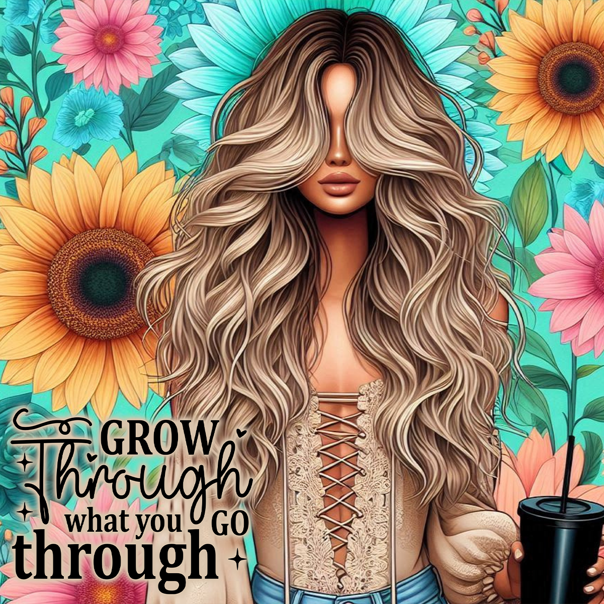 Woman with long blonde hair and floral background, text reads "GROW through through".