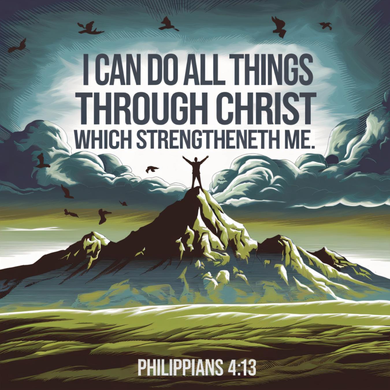Person on mountaintop with arms raised, text "I CAN DO ALL THINGS THROUGH CHRIST WHICH STRENGTHENETH ME. PHILIPPIANS 4:13".