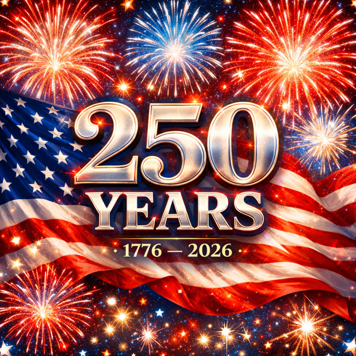 American flag with "250 YEARS 1776 - 2026" and fireworks.