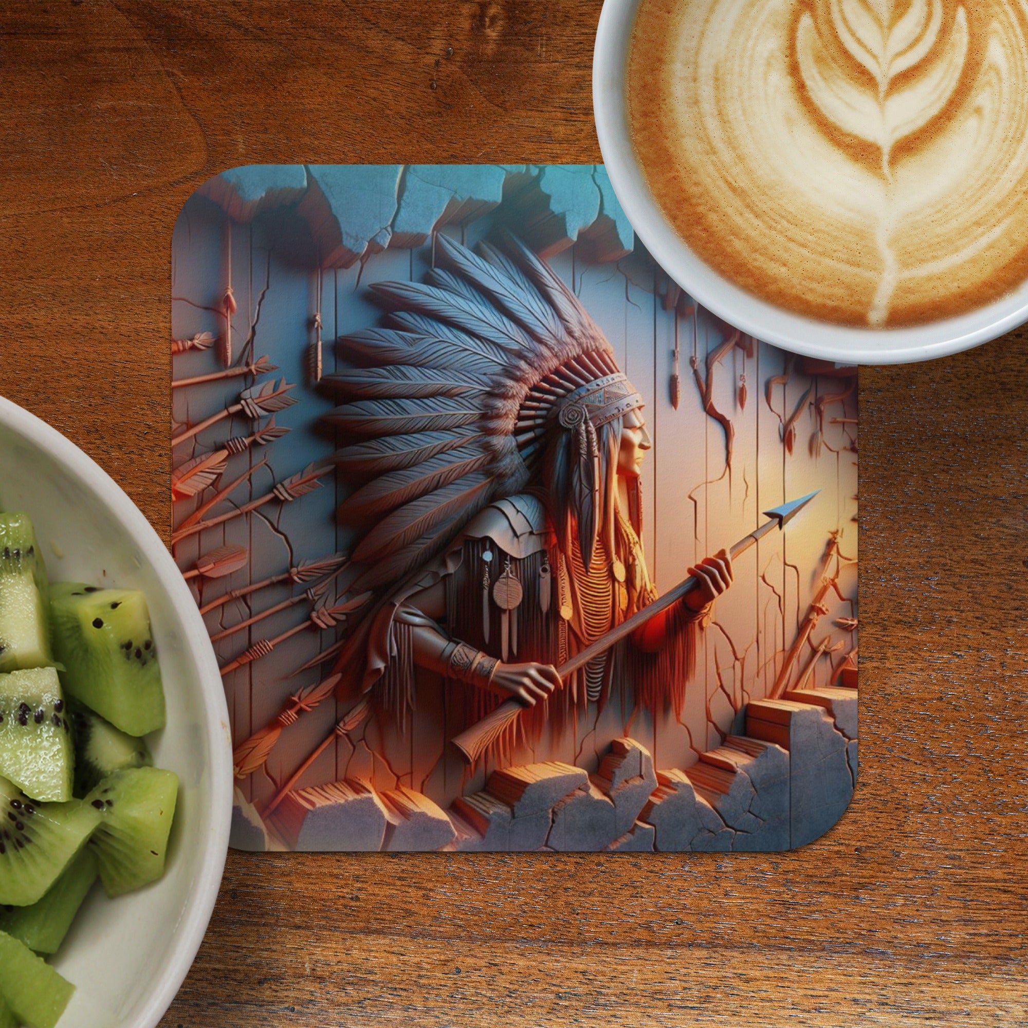 Coaster with Native American warrior in headdress and spear, next to coffee and kiwi.