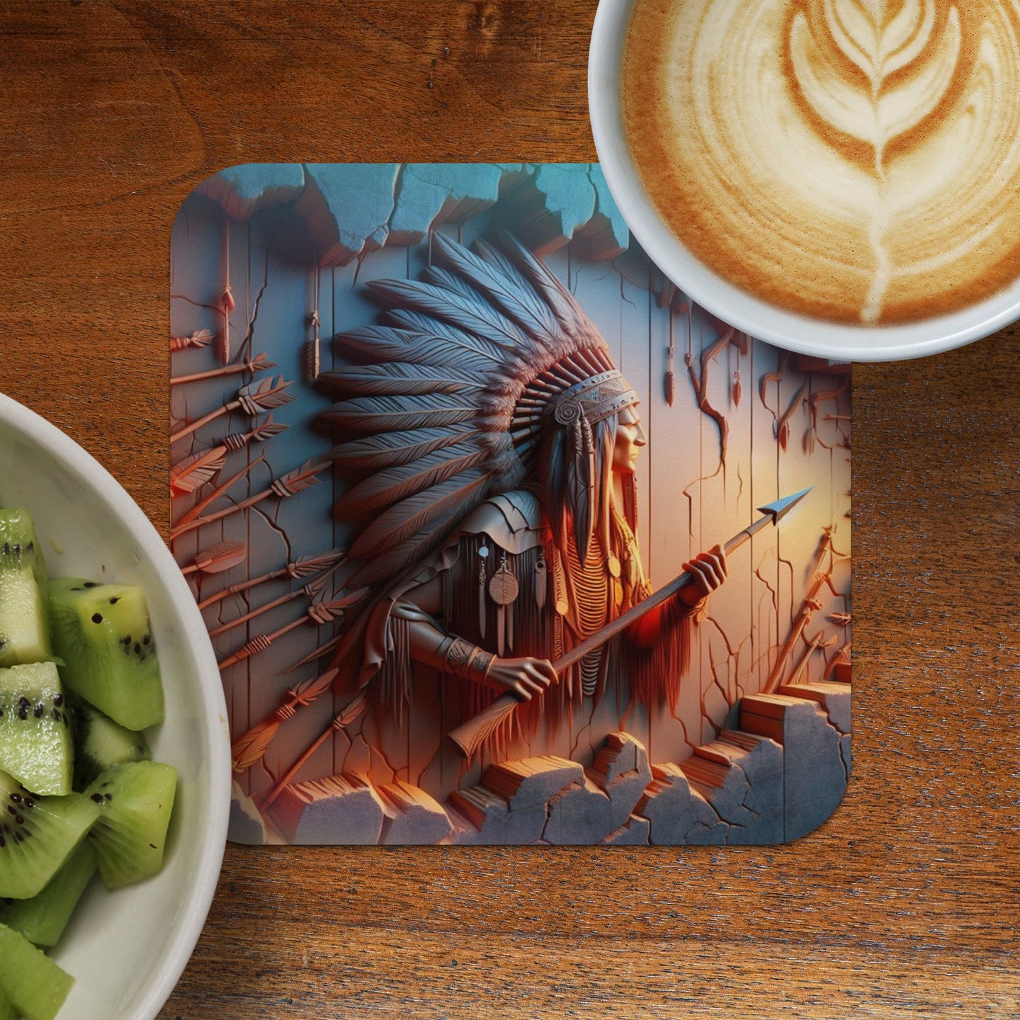 Coaster with Native American warrior in headdress and spear, next to coffee and kiwi.