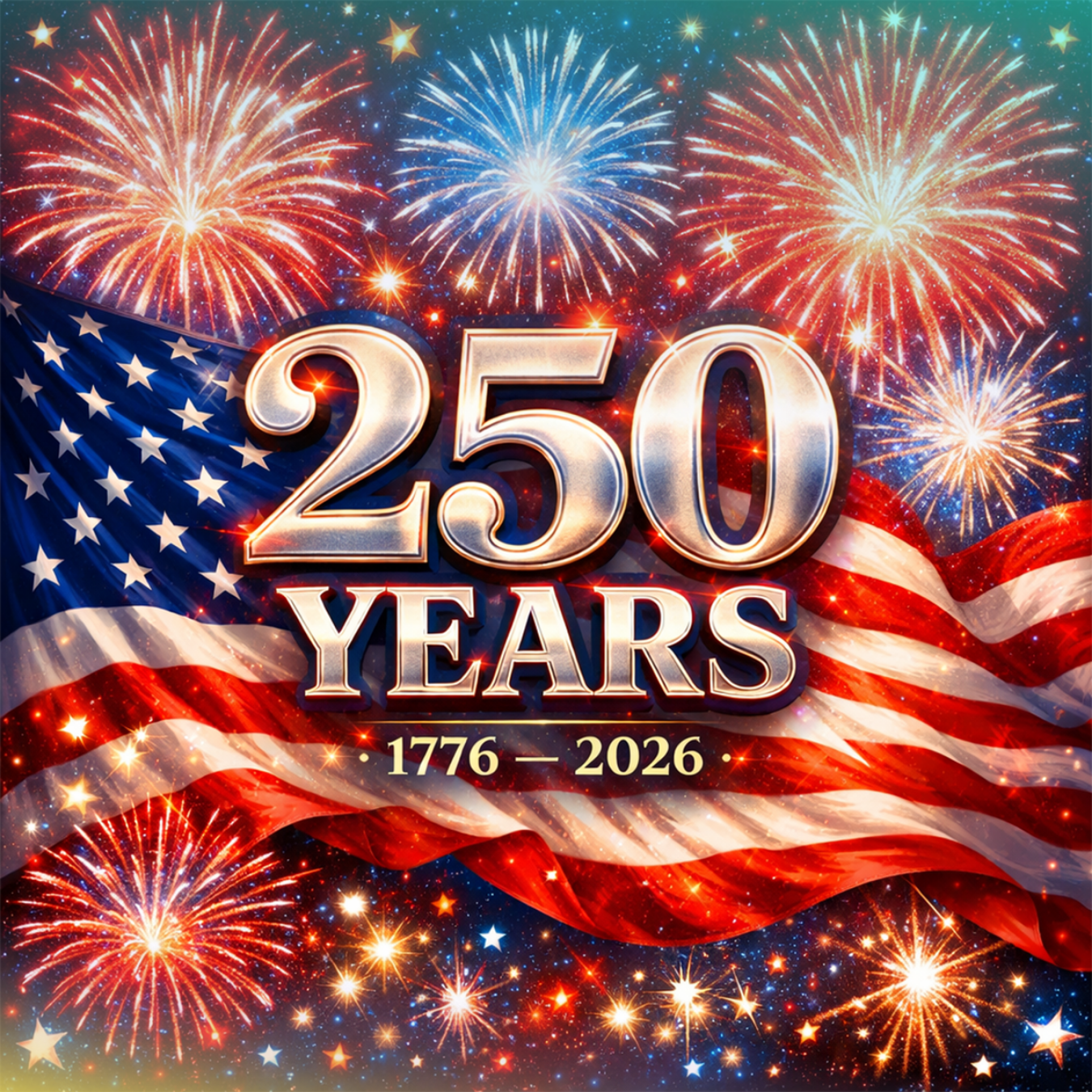 American flag with fireworks and "250 Years 1776-2026" text.