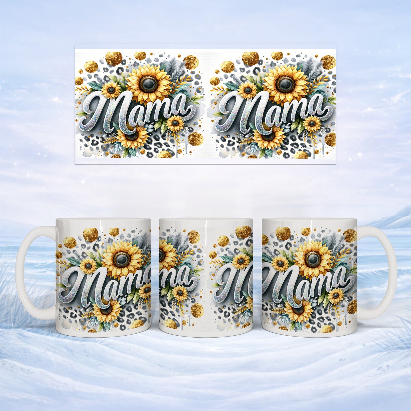 Mug with "Mama" text, sunflowers, leaves, and leopard print.