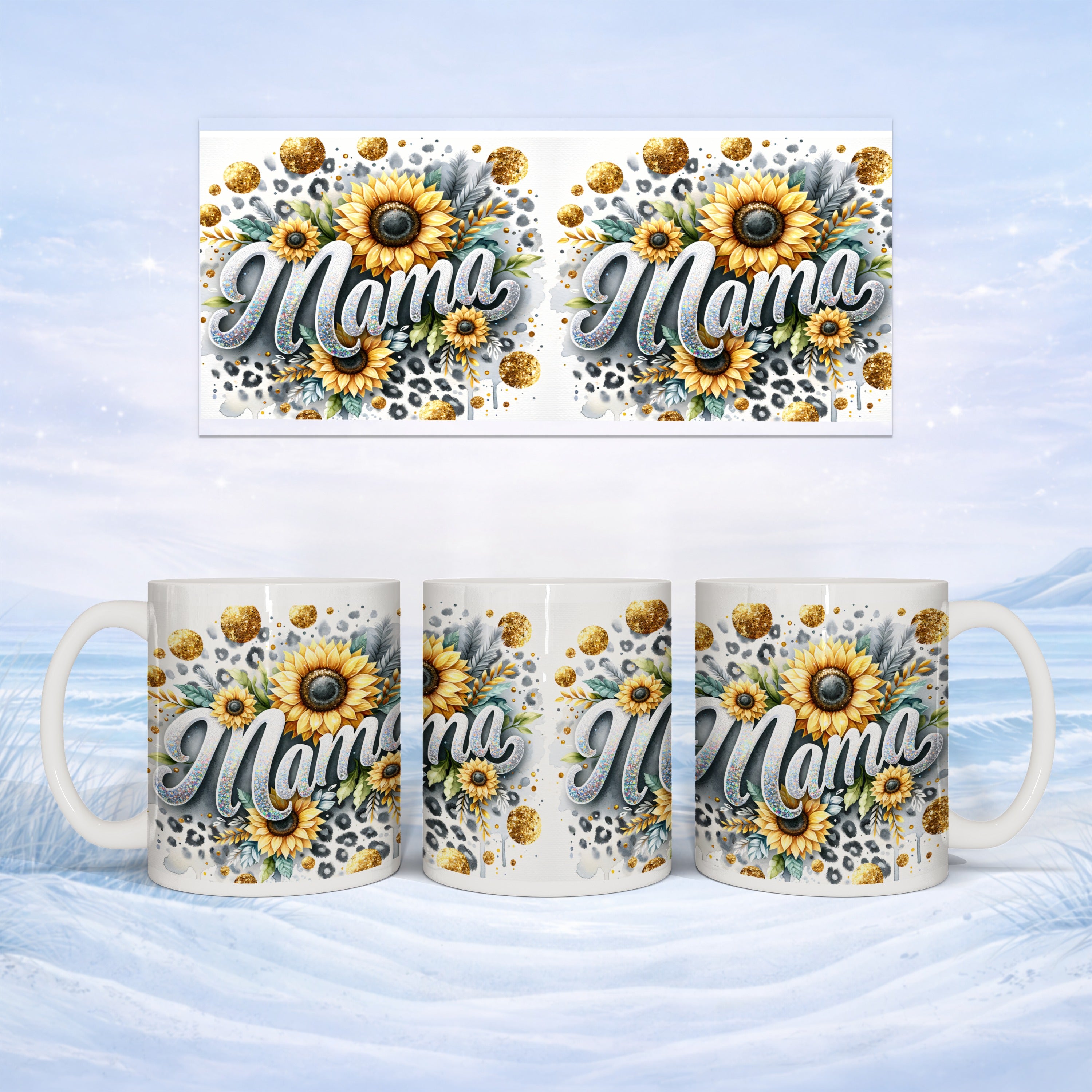 Mug with "Mama" text, sunflowers, leaves, and leopard print.