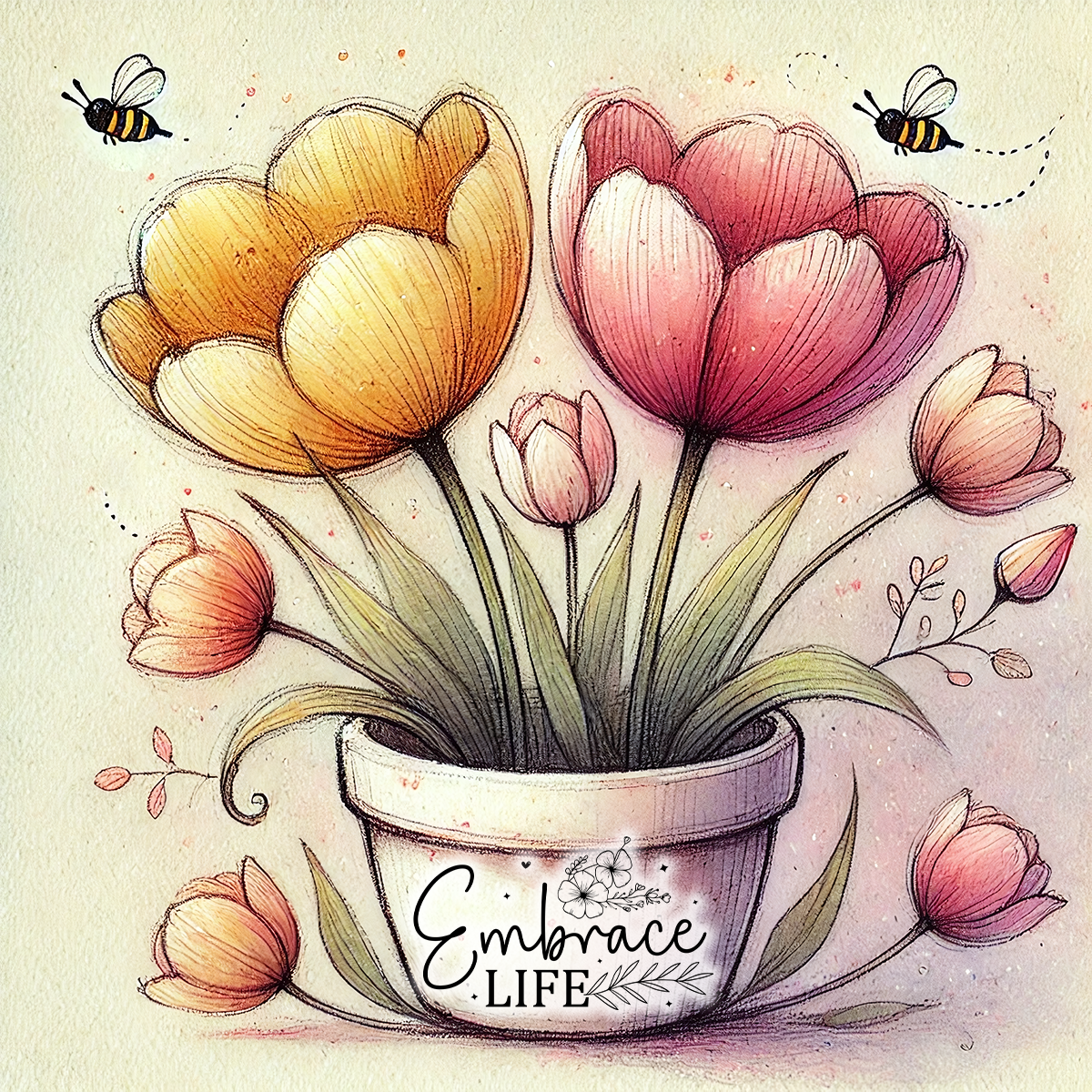 Potted pink and yellow tulips with bees and "Embrace Life" text.