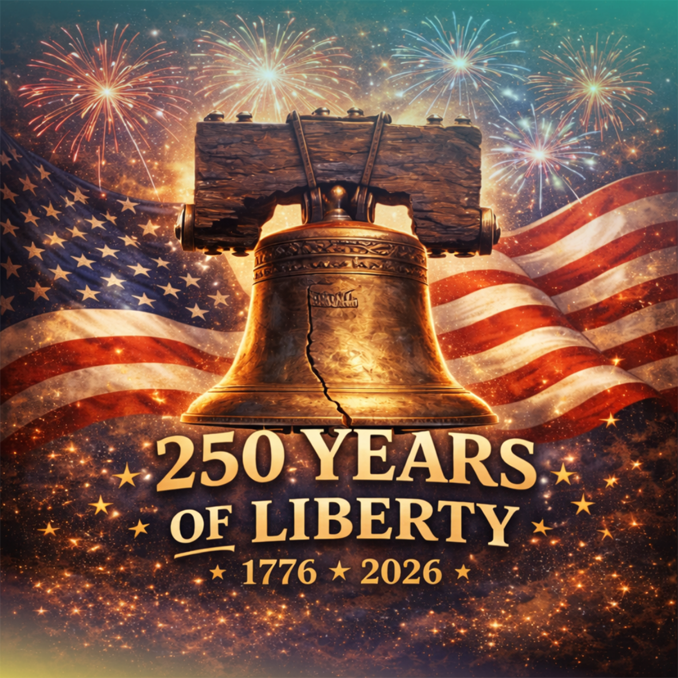 The Liberty Bell and American flag with fireworks and "250 Years of Liberty 1776-2026".