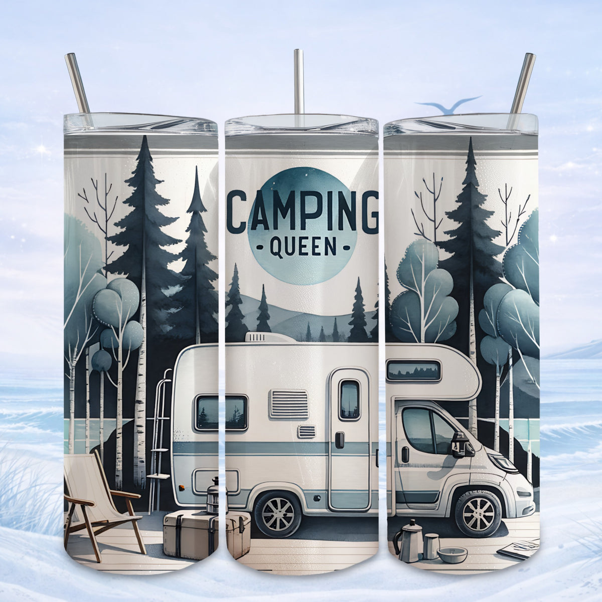 Campervan, trees, and chairs in a winter camping scene, "Camping Queen" text.