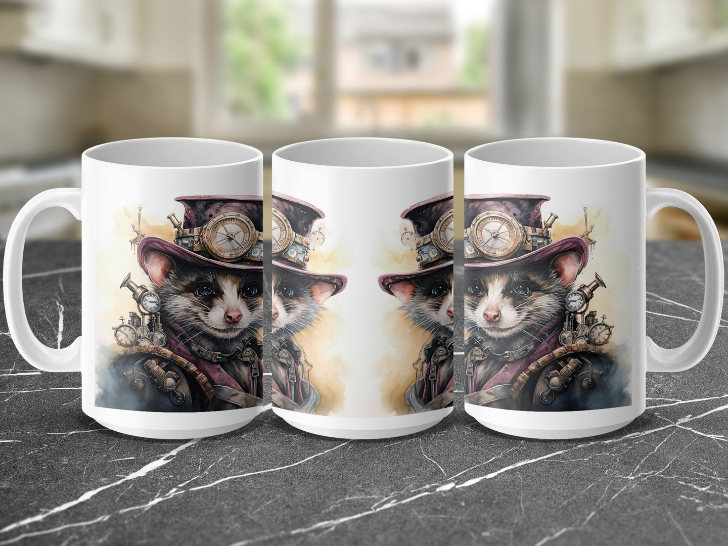 Steampunk raccoon in hat and goggles on white mugs.
