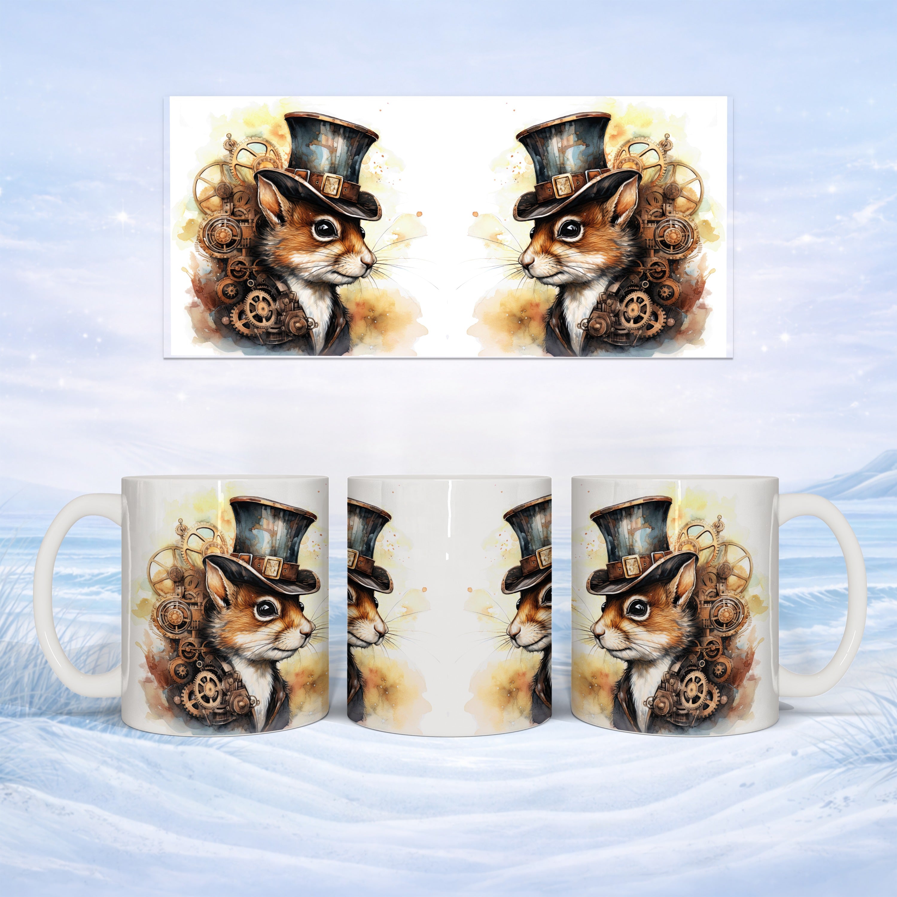 Steampunk squirrel in top hat on mug, displayed on snowy background.
