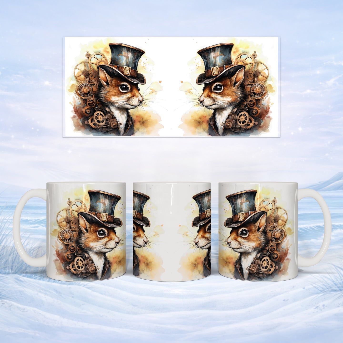 Steampunk squirrel in top hat on mug, displayed on snowy background.