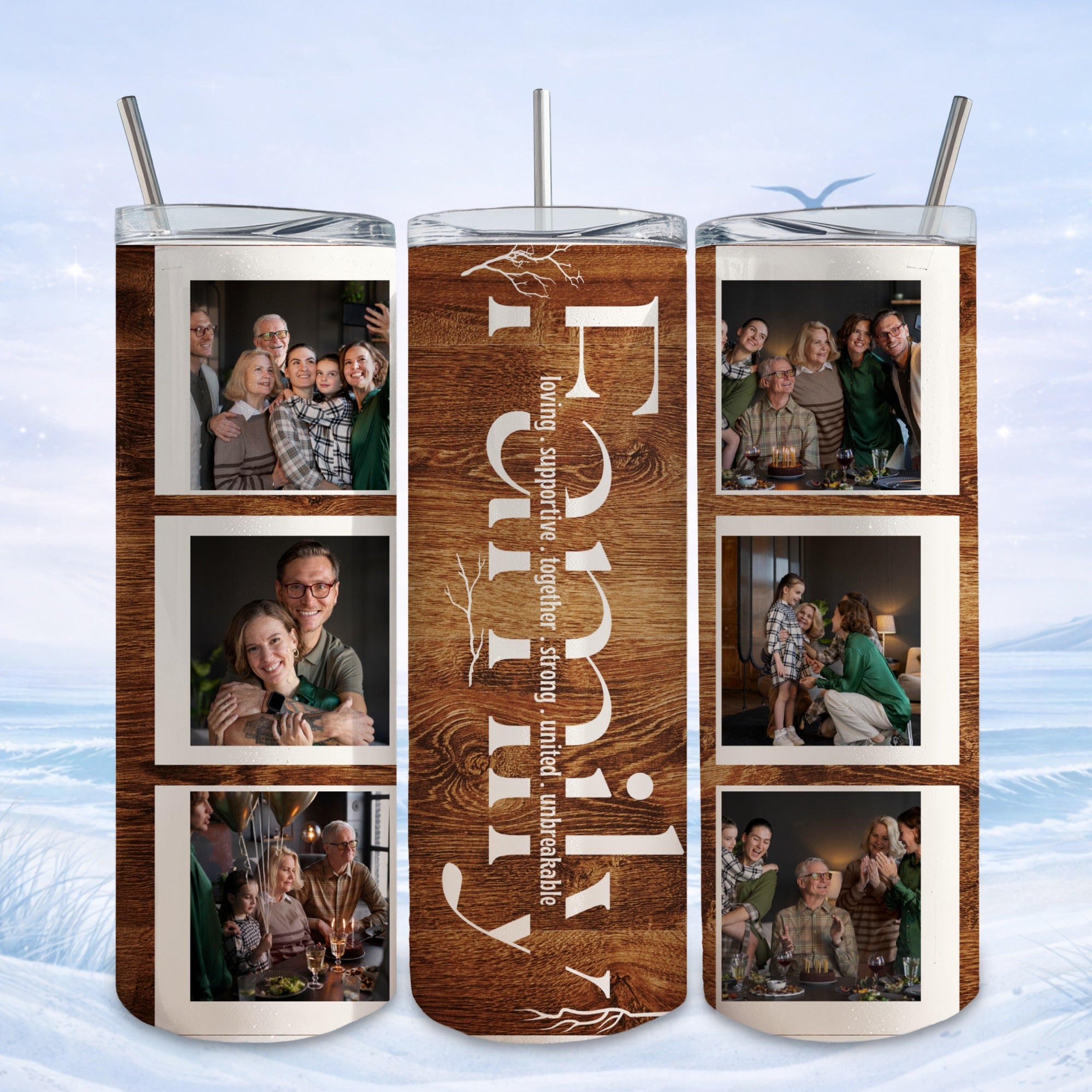 Family photos on a rustic wooden background with text "Family".