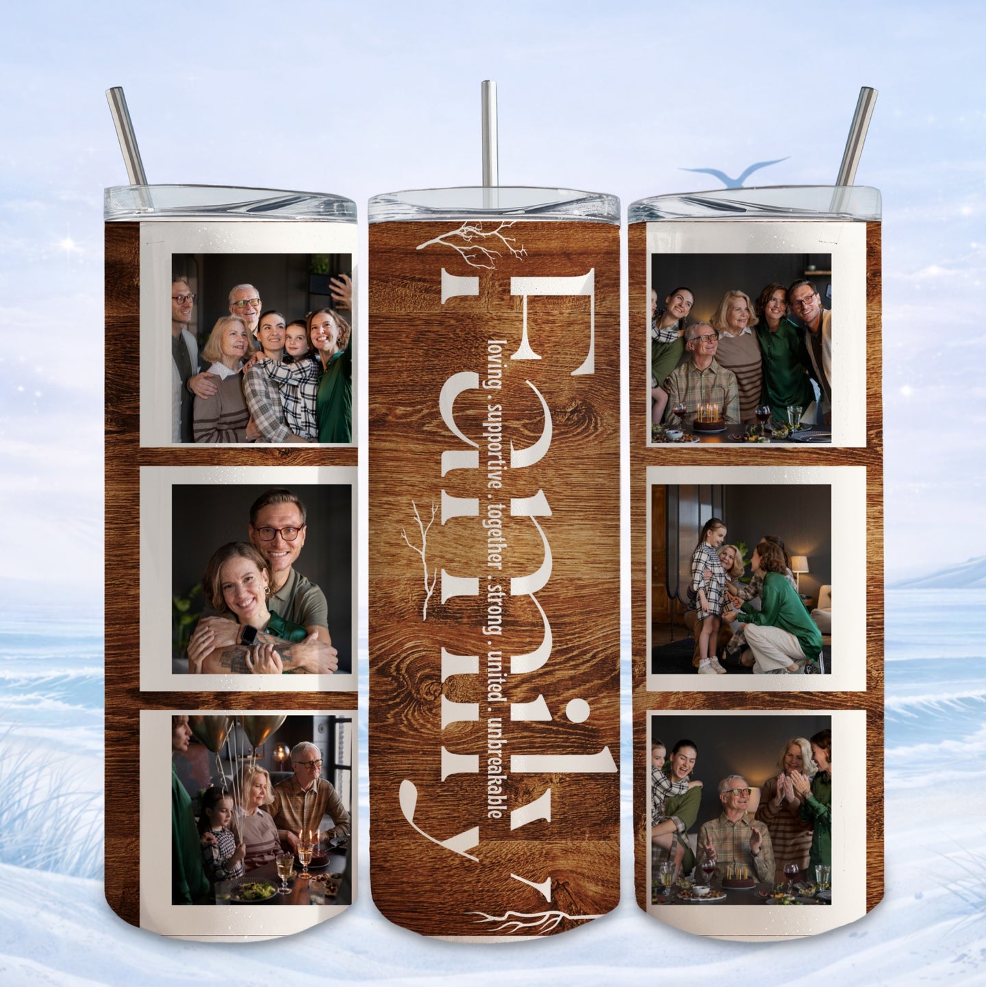 Family photos on a rustic wooden background with text "Family".