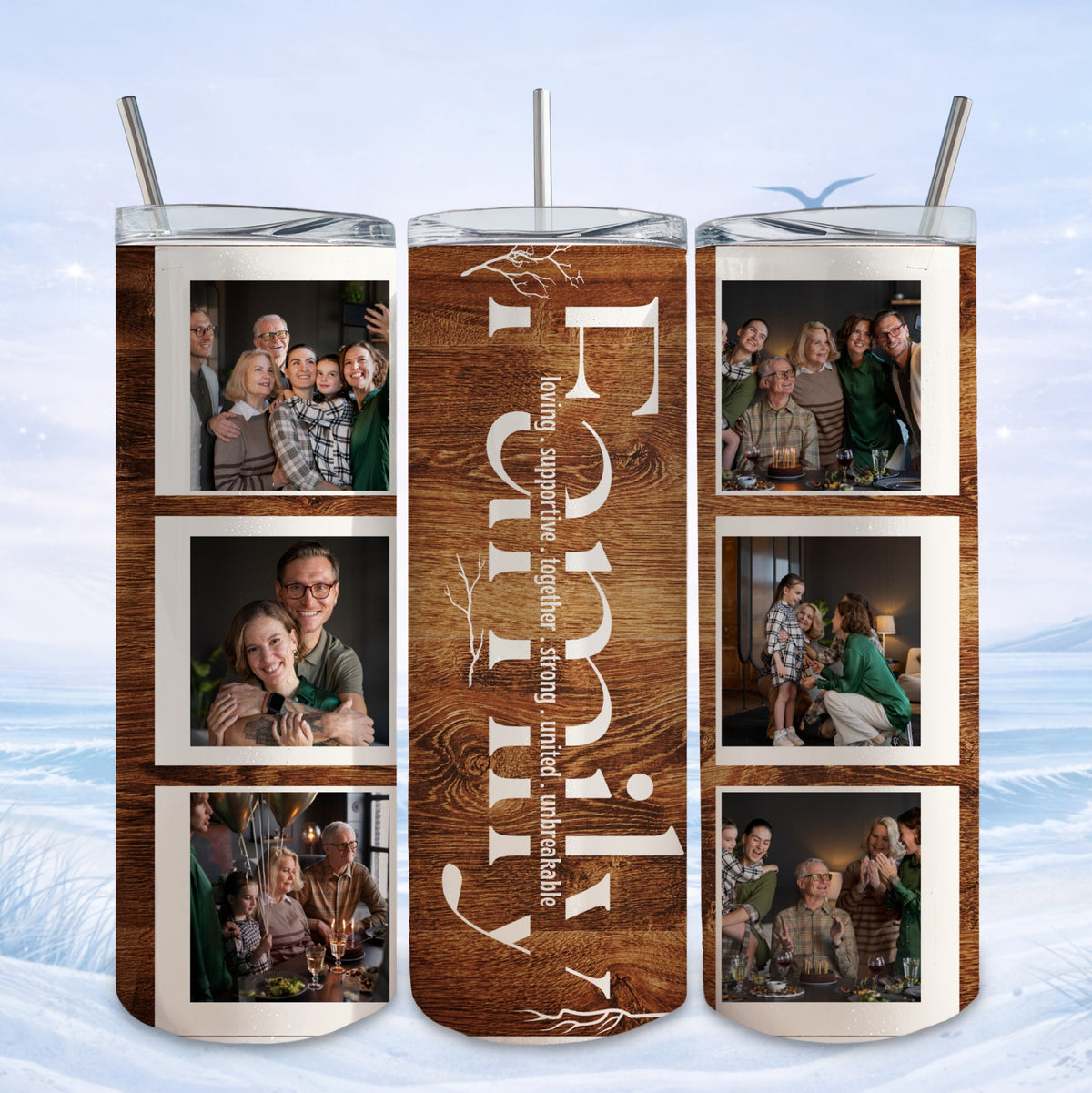 Family photos on a rustic wooden background with text "Family".