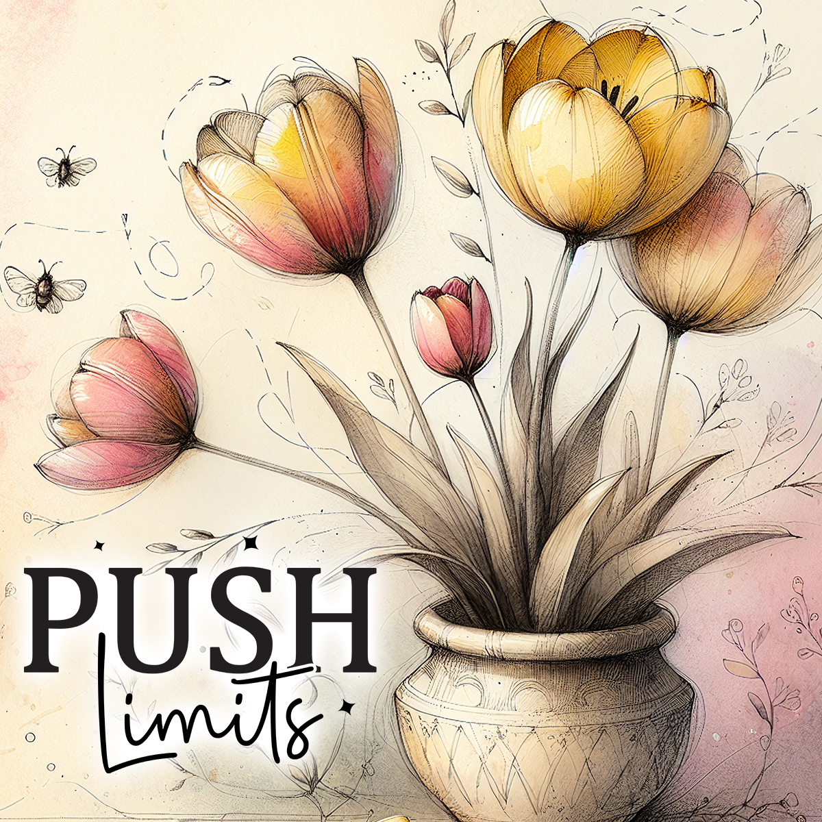 Vase of tulips with "PUSH Limits" text and small bees.