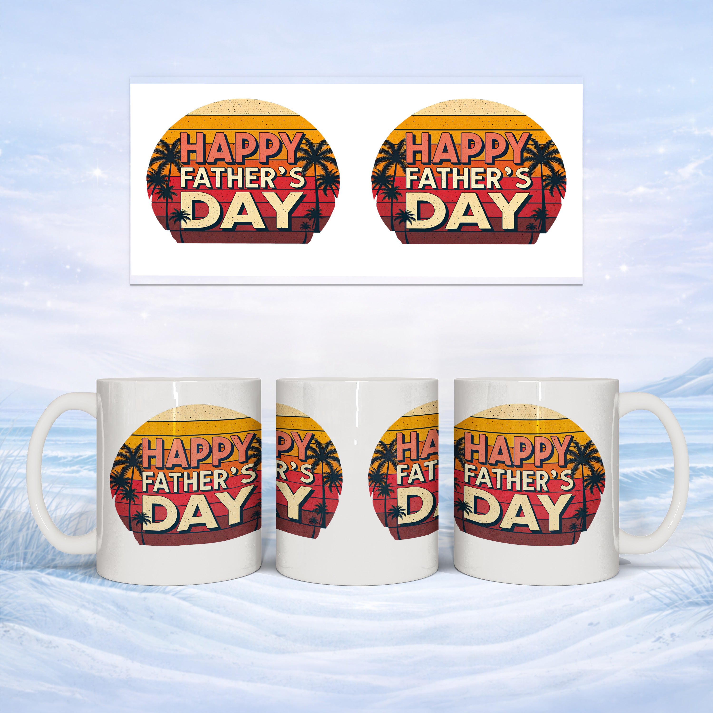 Two mugs and a larger graphic, each with "Happy Father's Day" text and palm trees.