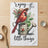 Cardinal wearing a straw hat perched on a watering can, with text.
