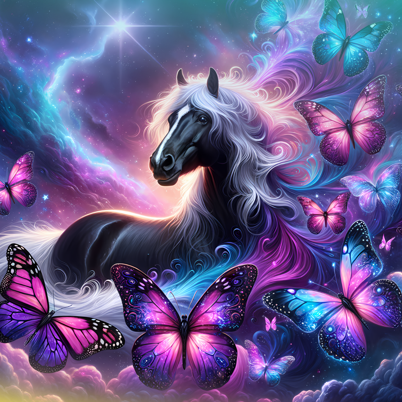 Black horse with flowing mane surrounded by glowing purple and blue butterflies.