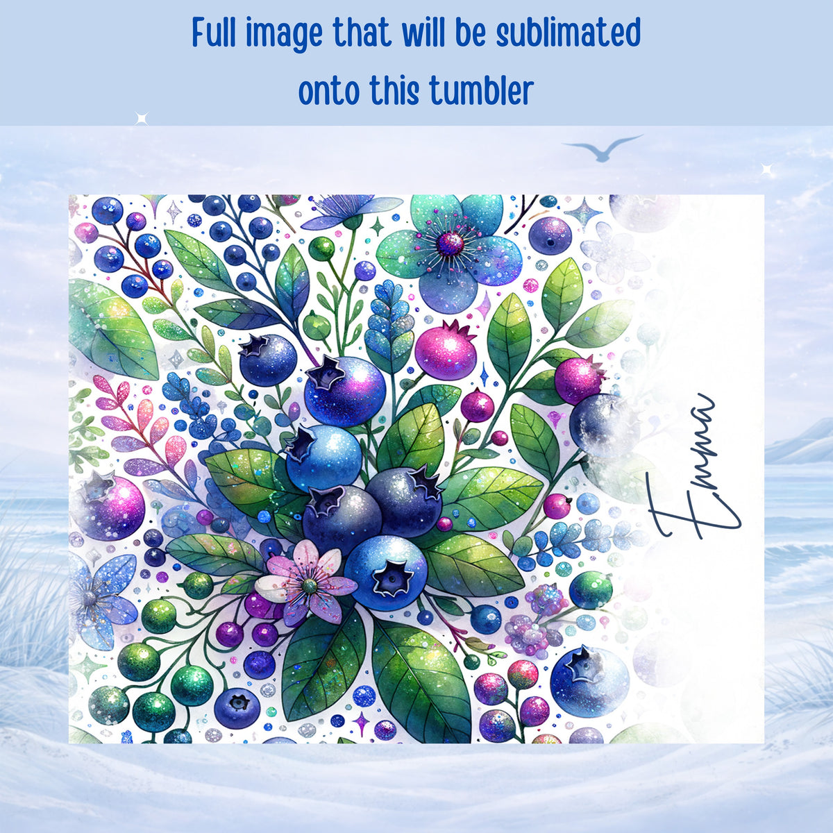 Watercolor blueberries and foliage with "Emma" text for sublimation.