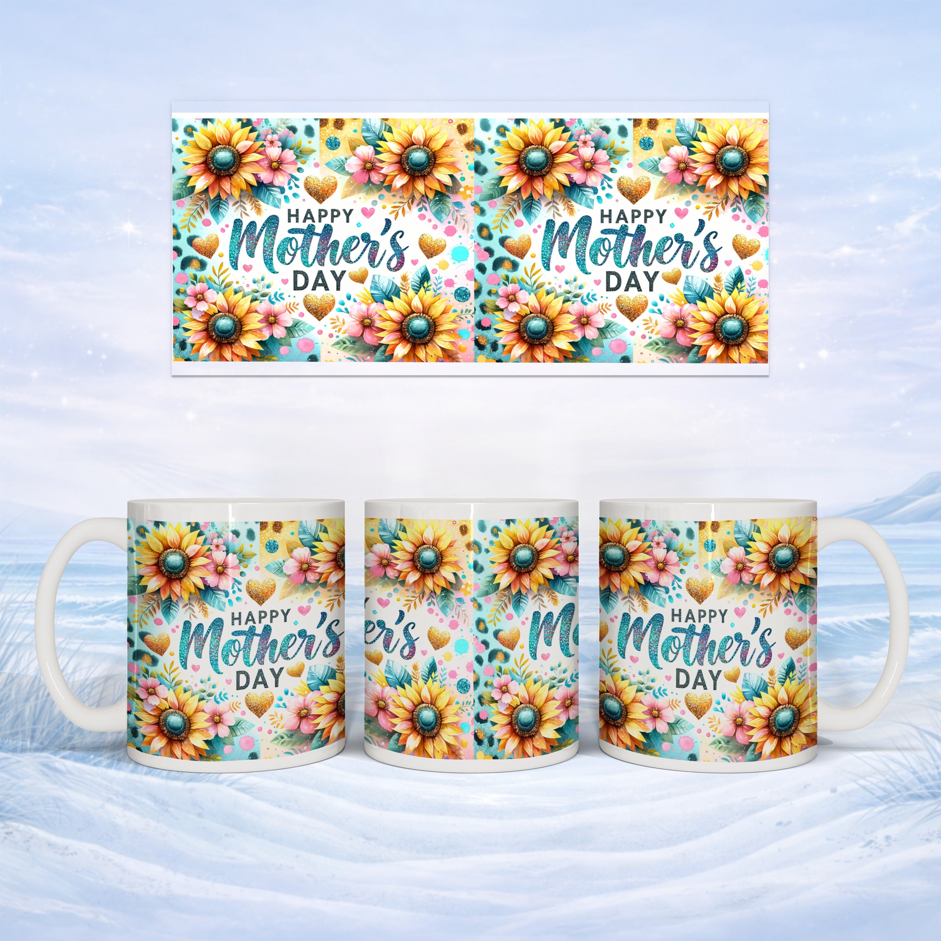 Mug with "Happy Mother's Day" text and sunflower and floral design.